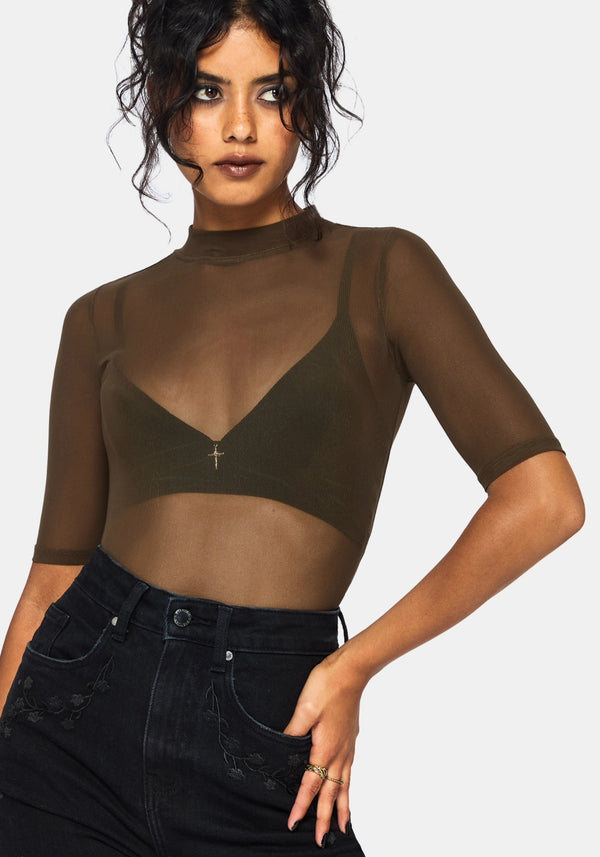 Jinx Mesh Kurz Ärmel Top - Khaki Grün