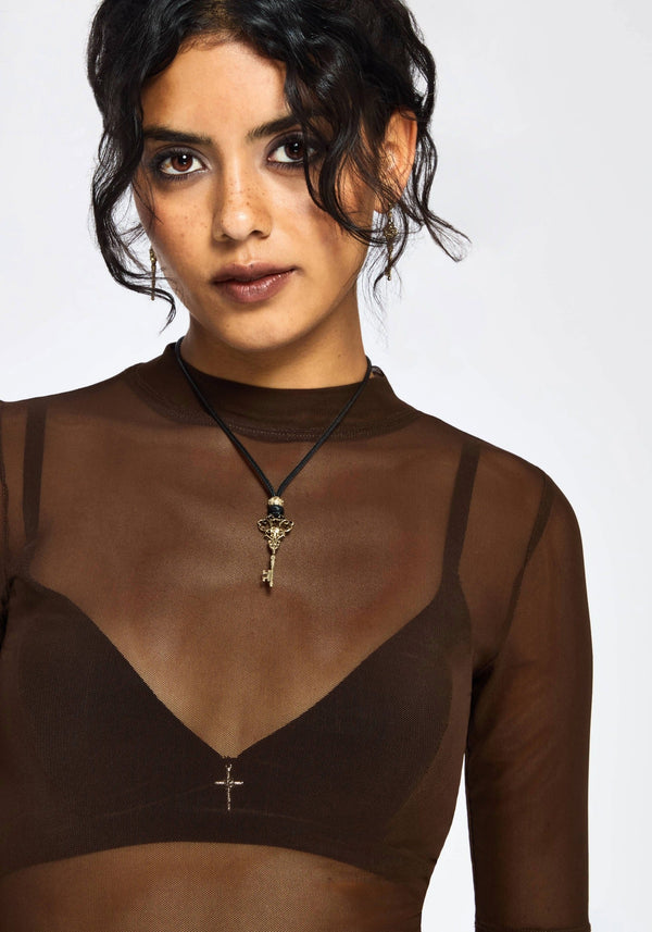 Jinx Mesh Kurz Ärmel Top - Braun