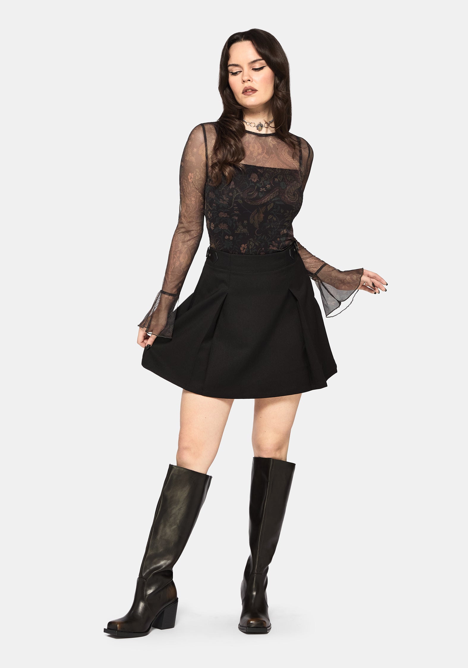 Haunt Geriffelt Lang Mit Ärmeln Mesh Druck Top