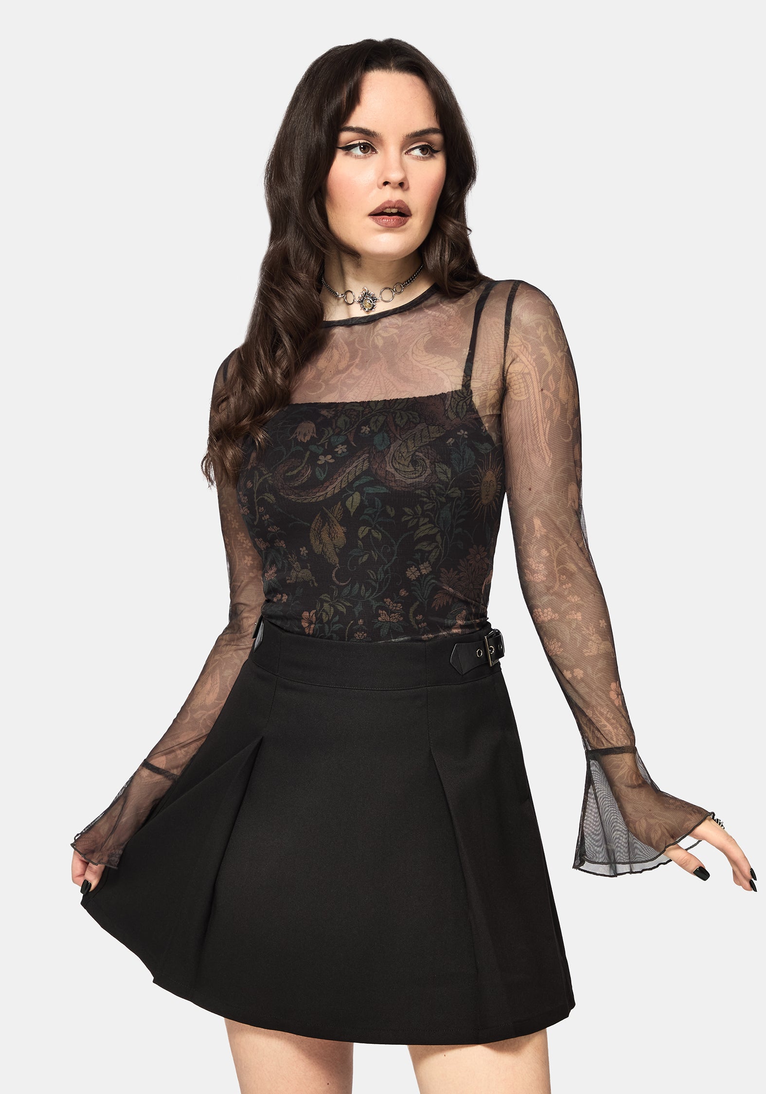 Haunt Geriffelt Lang Mit Ärmeln Mesh Druck Top