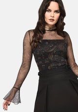 Haunt Fluted Long Sleeved Mesh Print Top