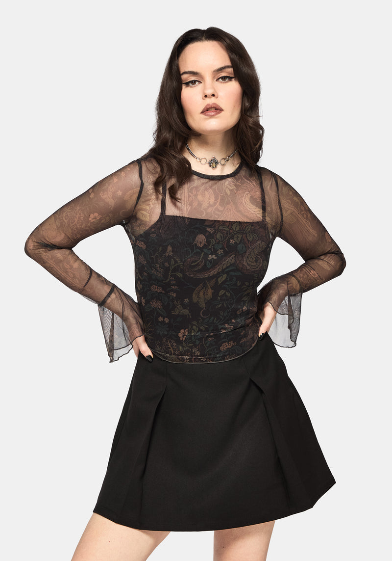 Haunt Fluted Long Sleeved Mesh Print Top