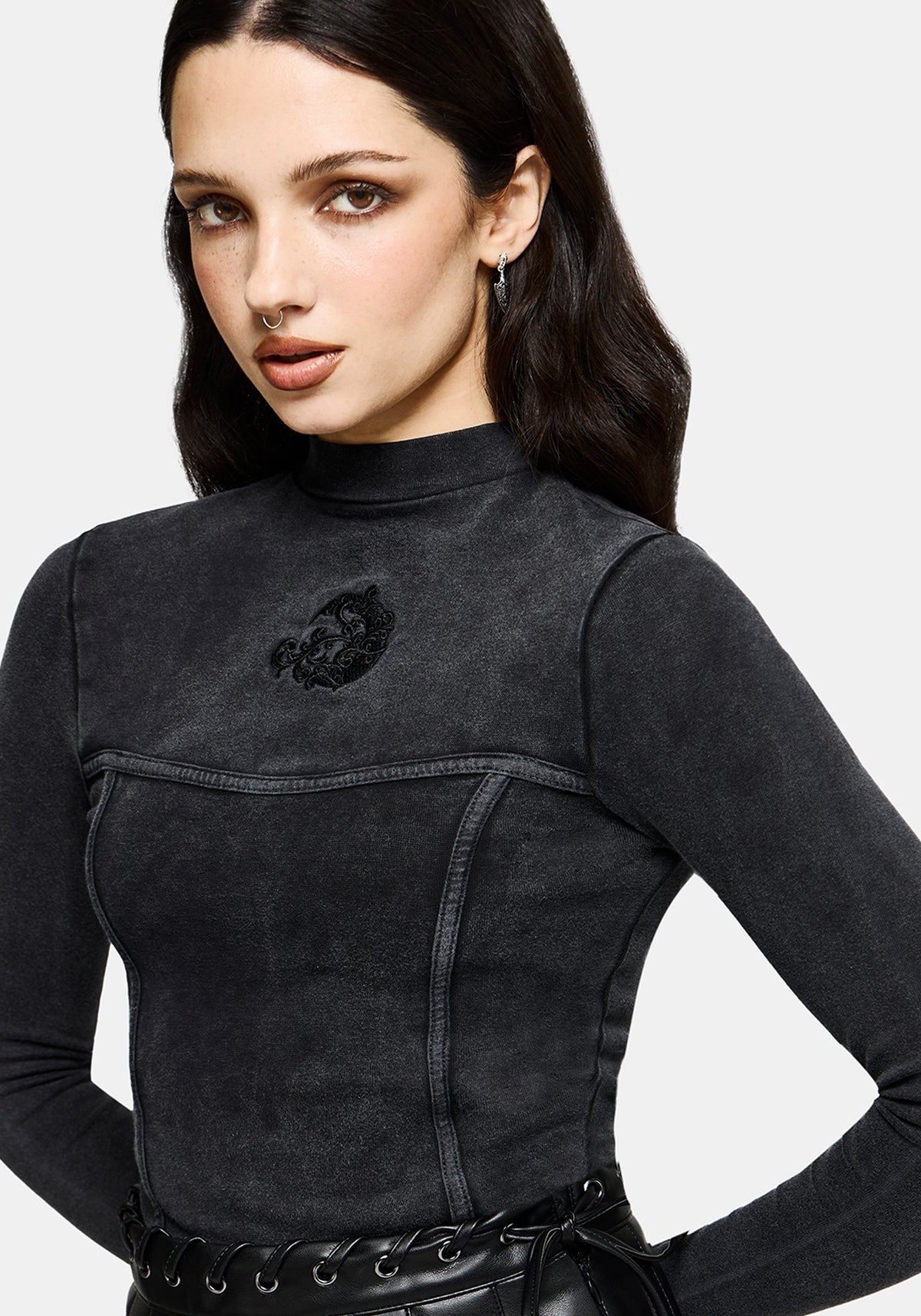 Uma Bestickt Genäht Ribbed Lang Mit Ärmeln Top