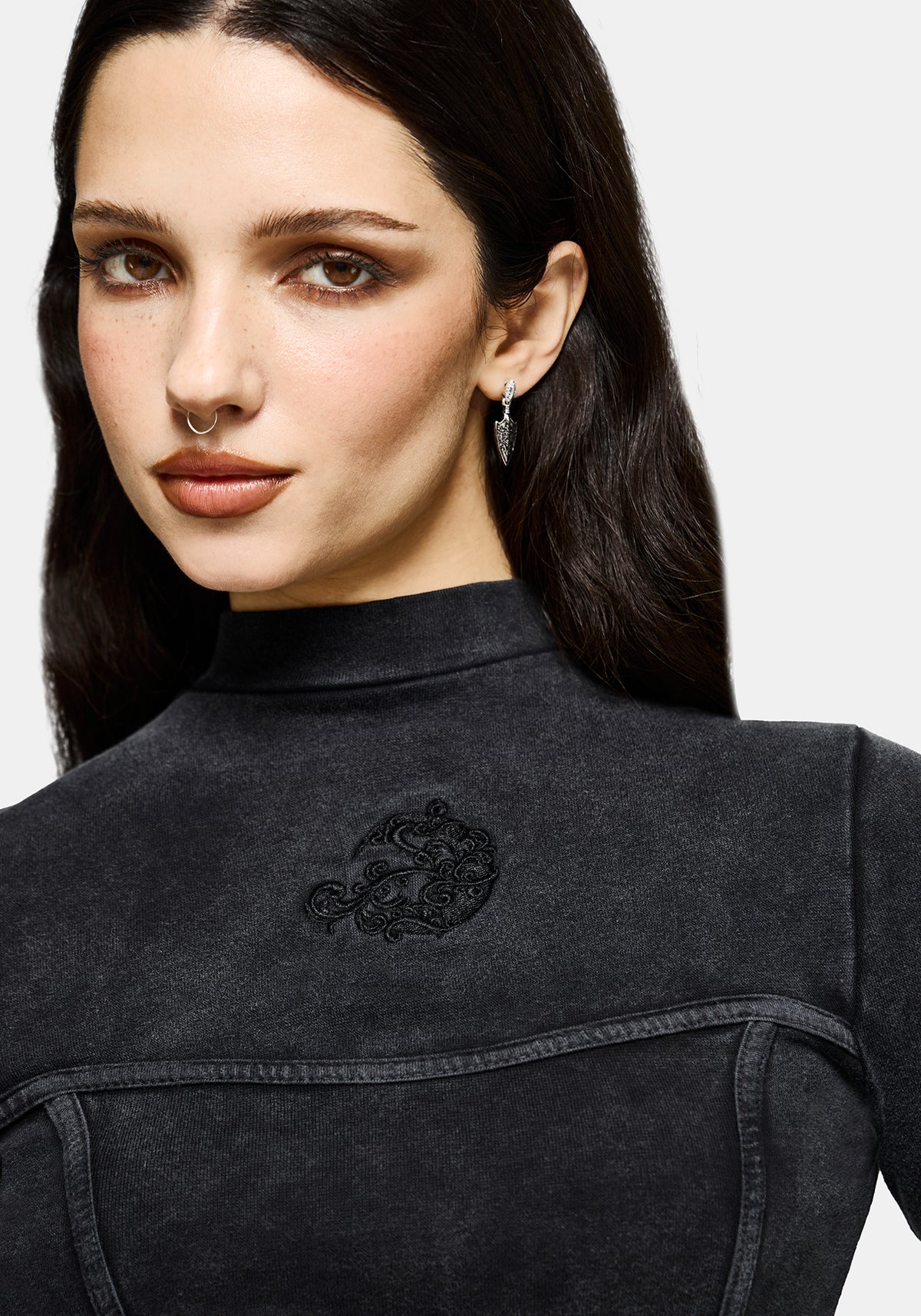 Uma Bestickt Genäht Ribbed Lang Mit Ärmeln Top