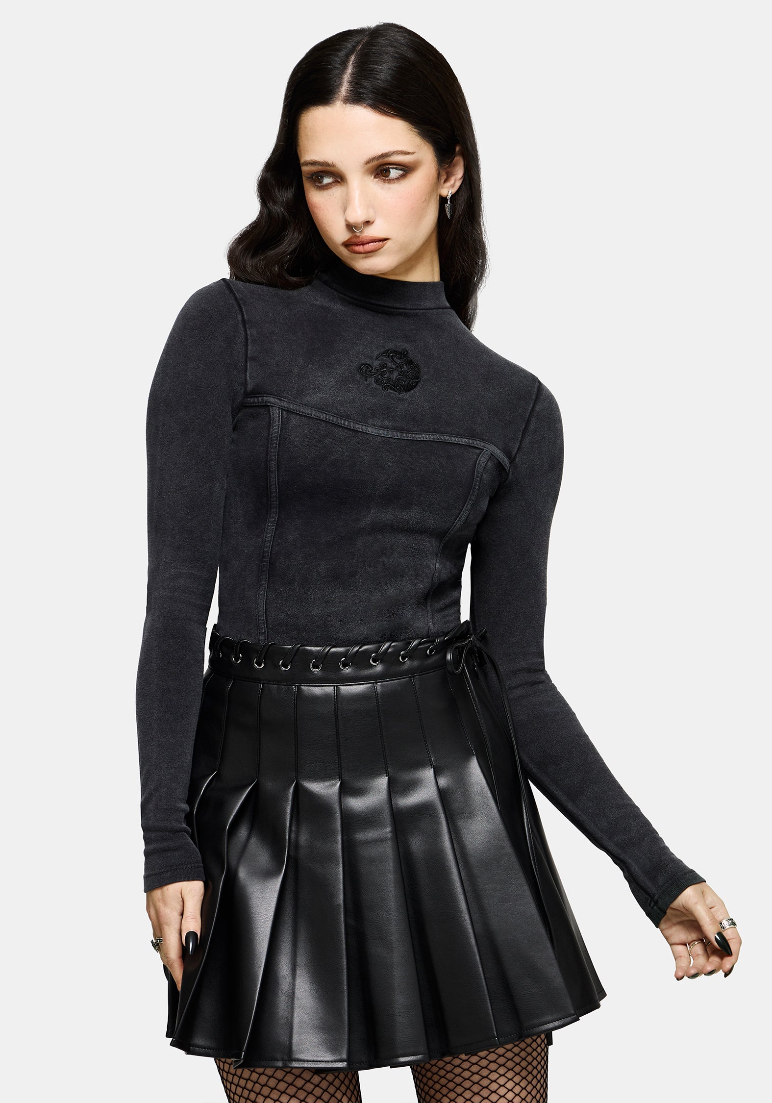 Uma Embroidered Seamed Ribbed Long Sleeved Top