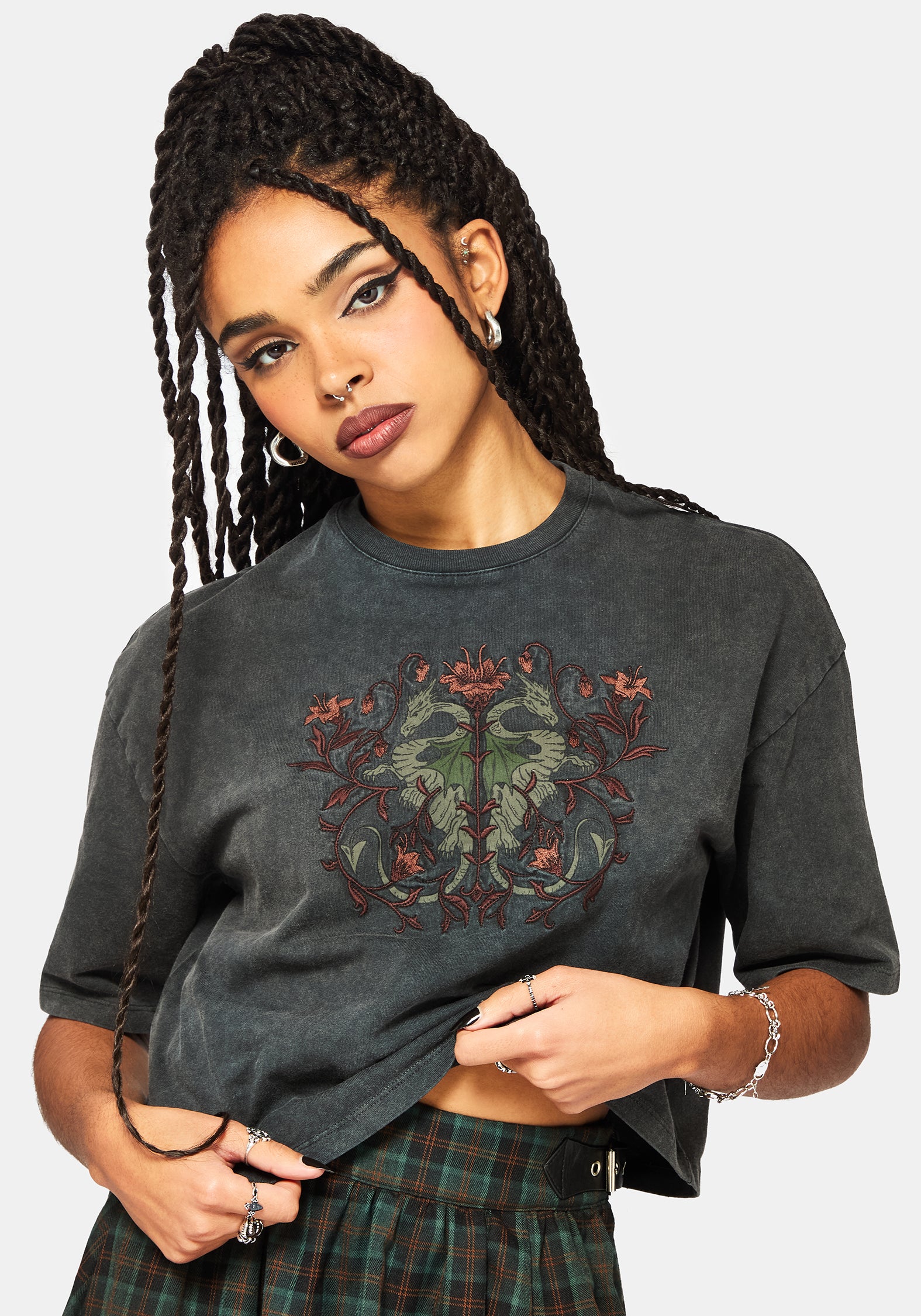 Mai Twin Flamme Bestickt Drache Druck Kastenförmig T-Shirt