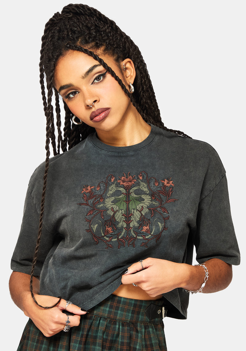 Mai Twin Flame Embroidered Dragon Print Boxy Tee
