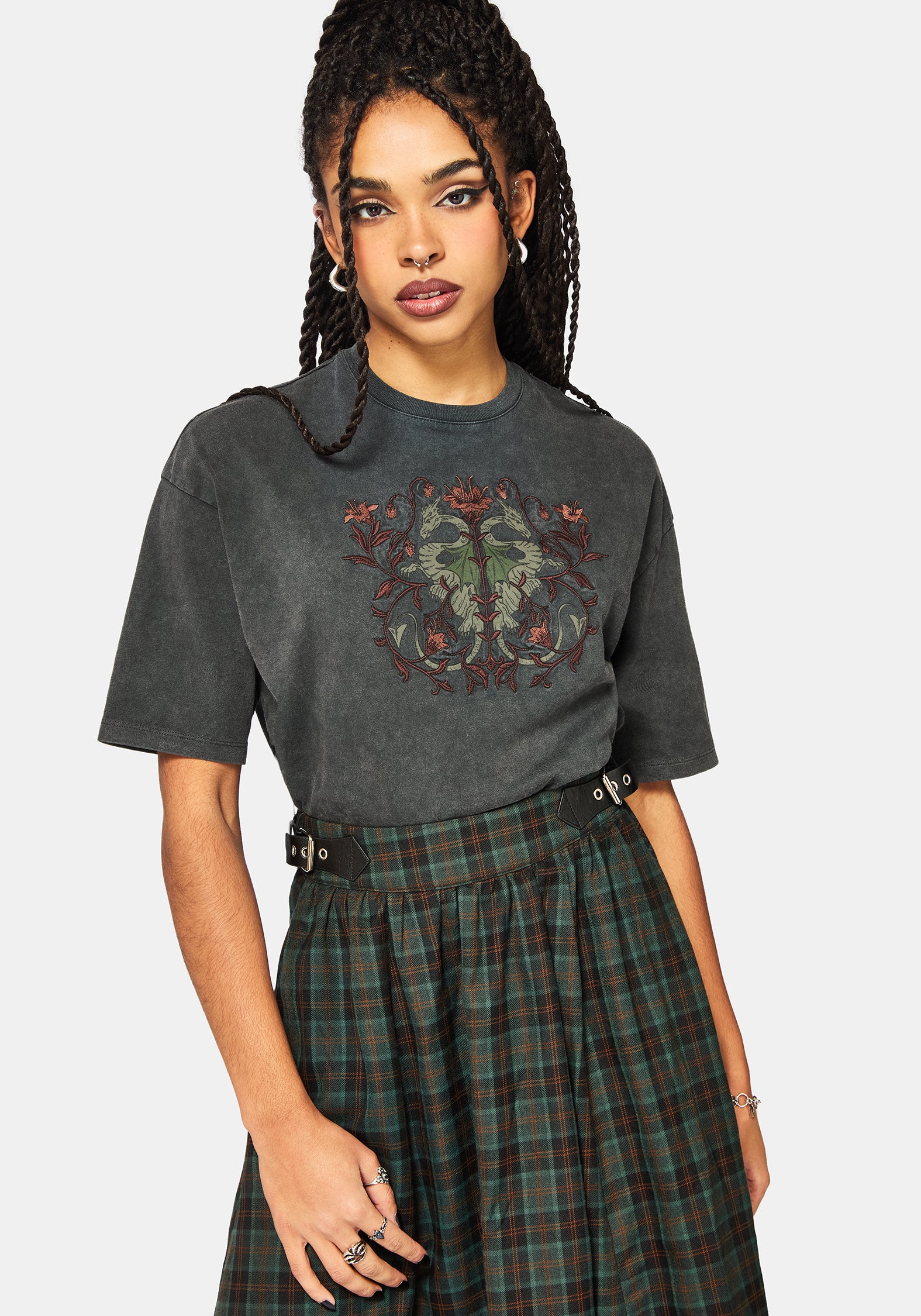 Mai Twin Flamme Bestickt Drache Druck Kastenförmig T-Shirt