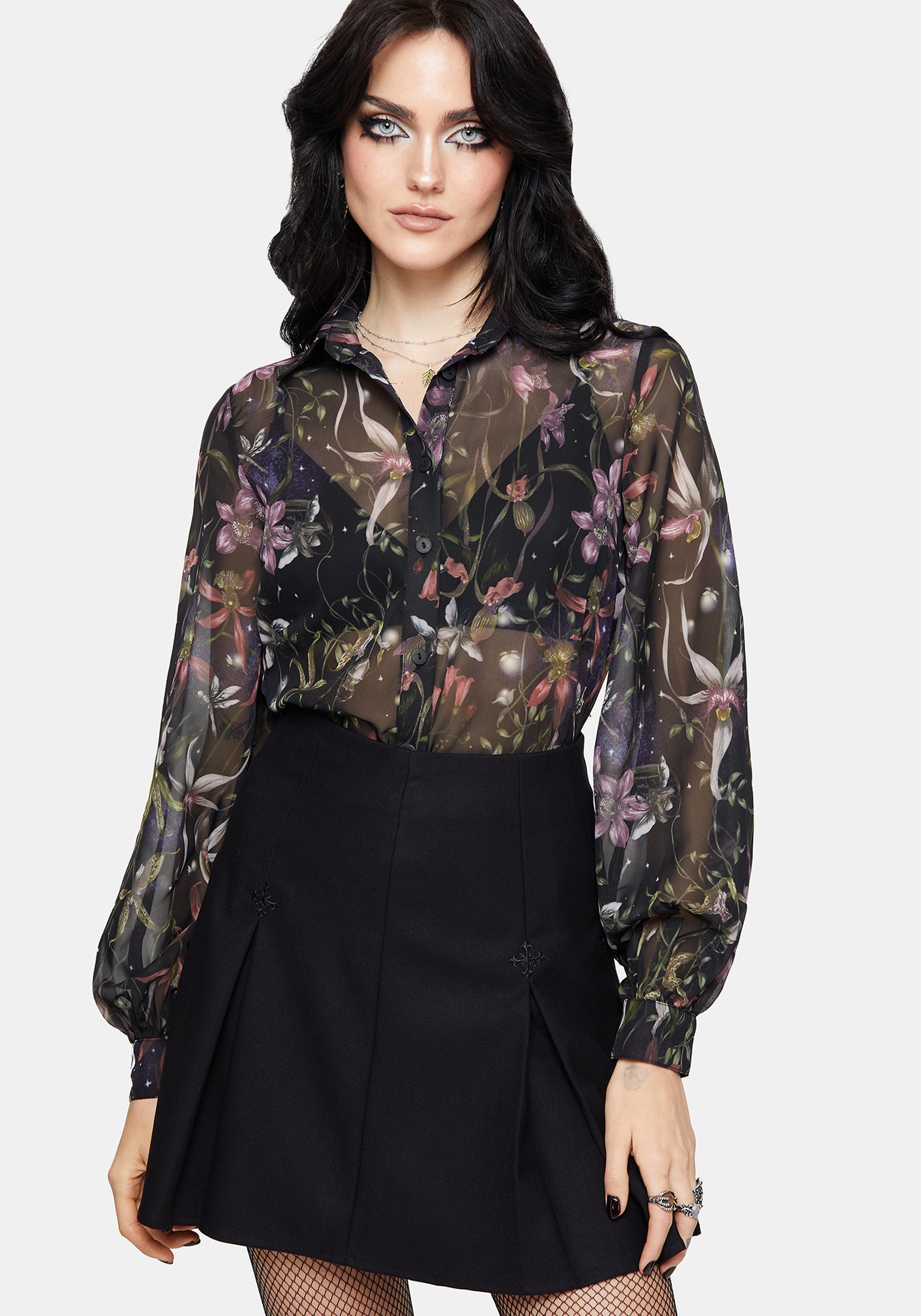 Elide Schwarz Orchidee Druck Chiffon Bluse