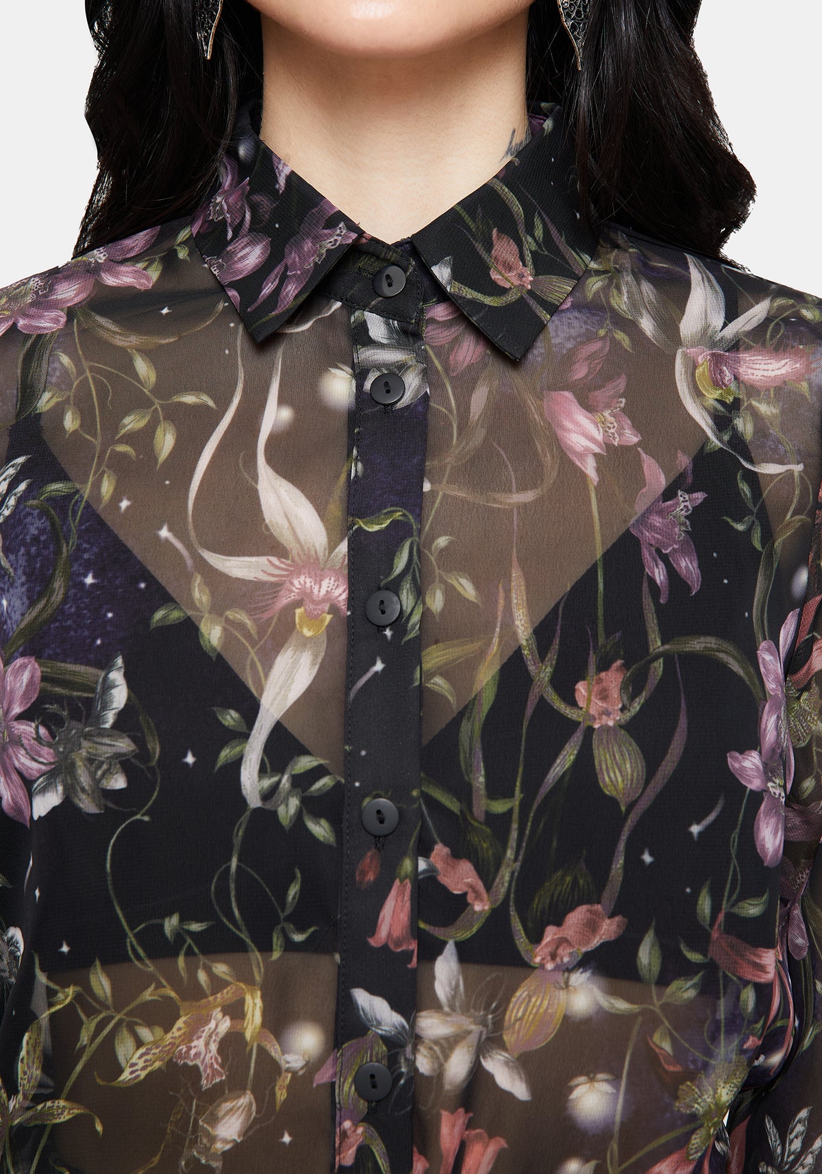Elide Schwarz Orchidee Druck Chiffon Bluse