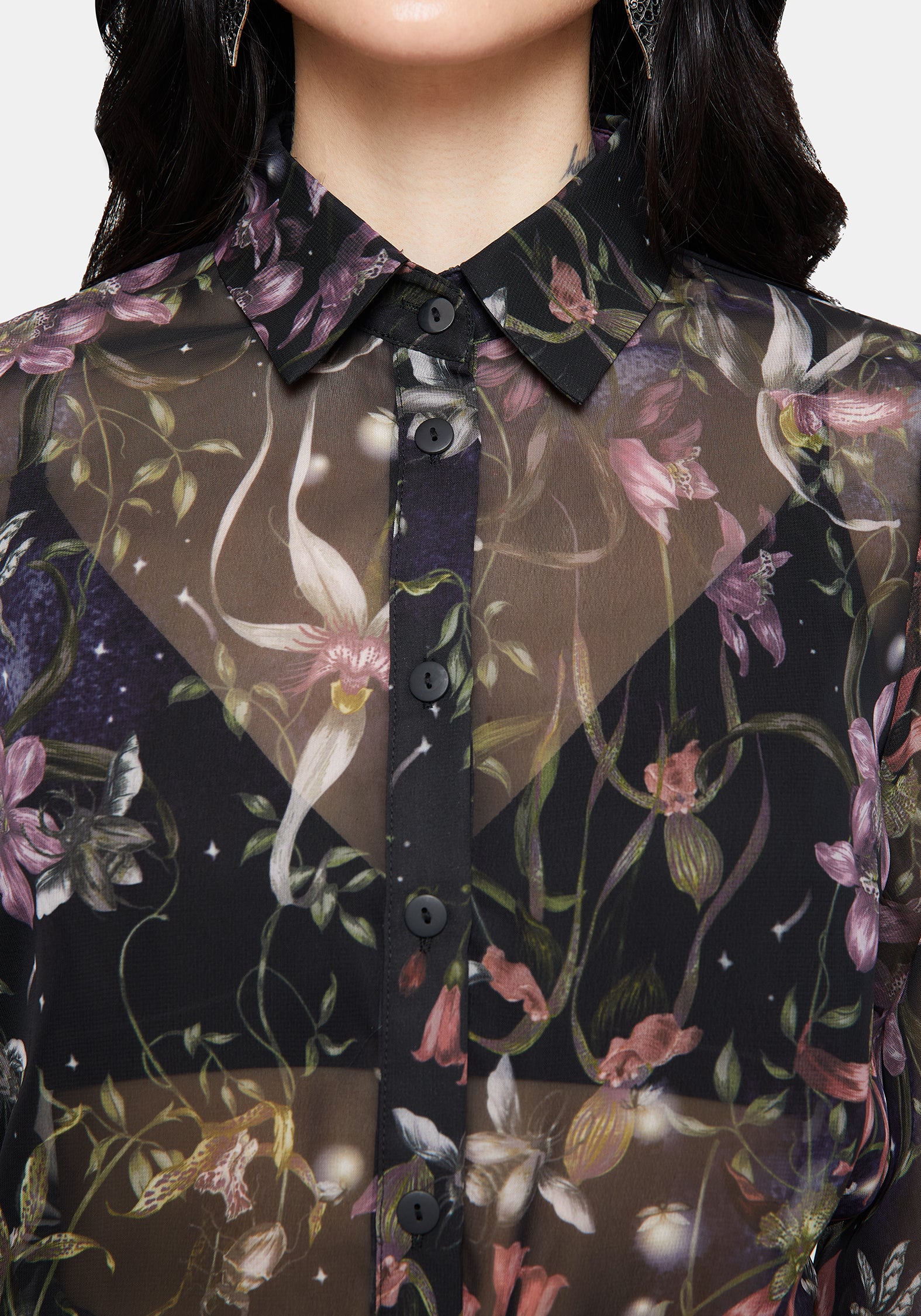 Elide Schwarz Orchidee Druck Chiffon Bluse