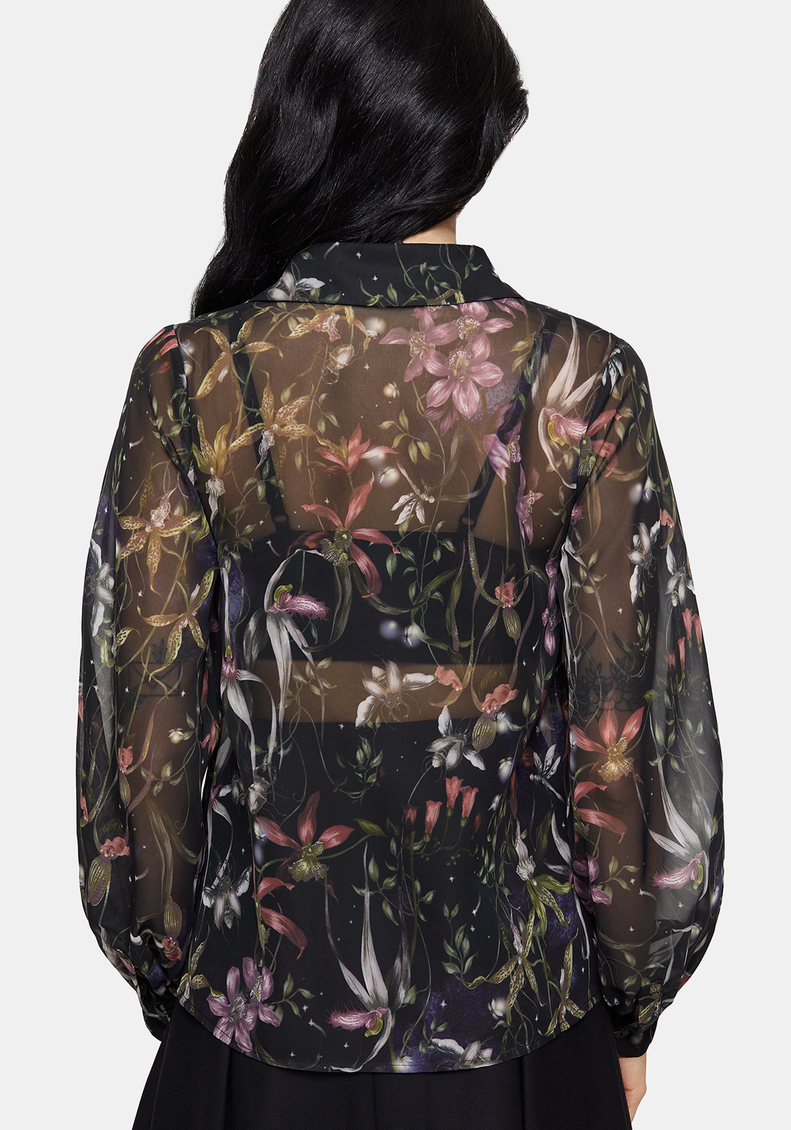 Elide Schwarz Orchidee Druck Chiffon Bluse
