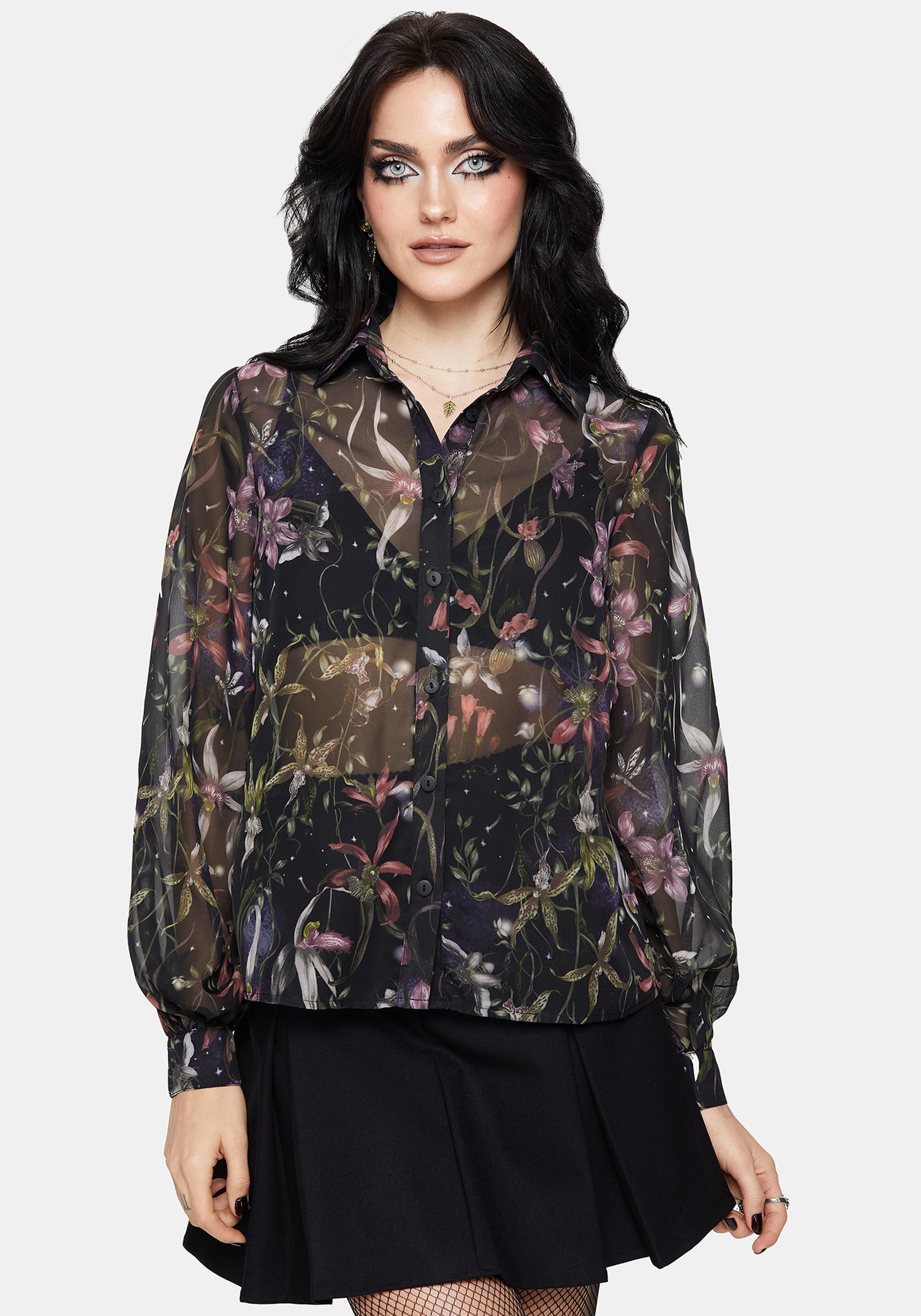 Elide Schwarz Orchidee Druck Chiffon Bluse
