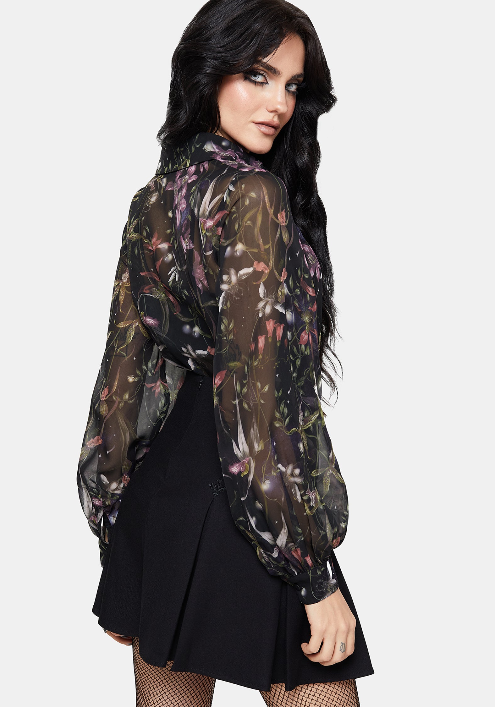 Elide Schwarz Orchidee Druck Chiffon Bluse