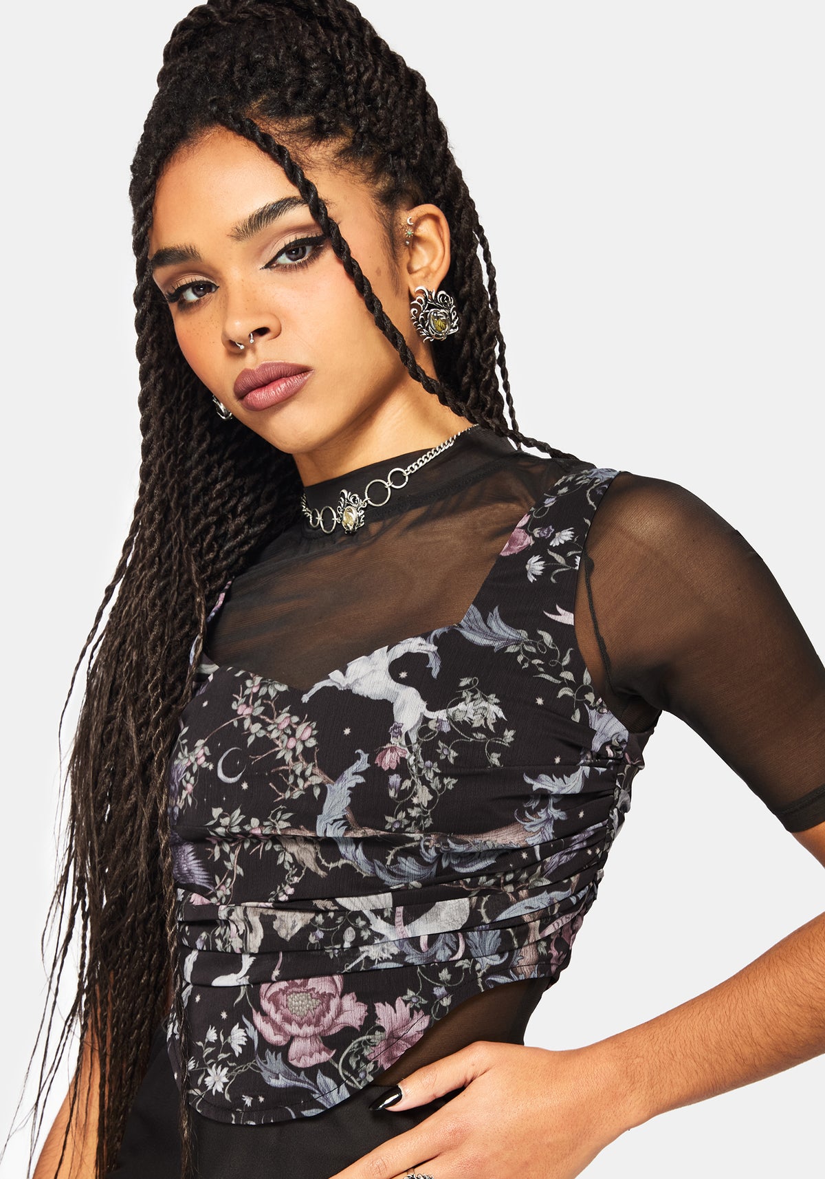 Merunicorn Enchanted Wald Druck Gerafft Korsett Top