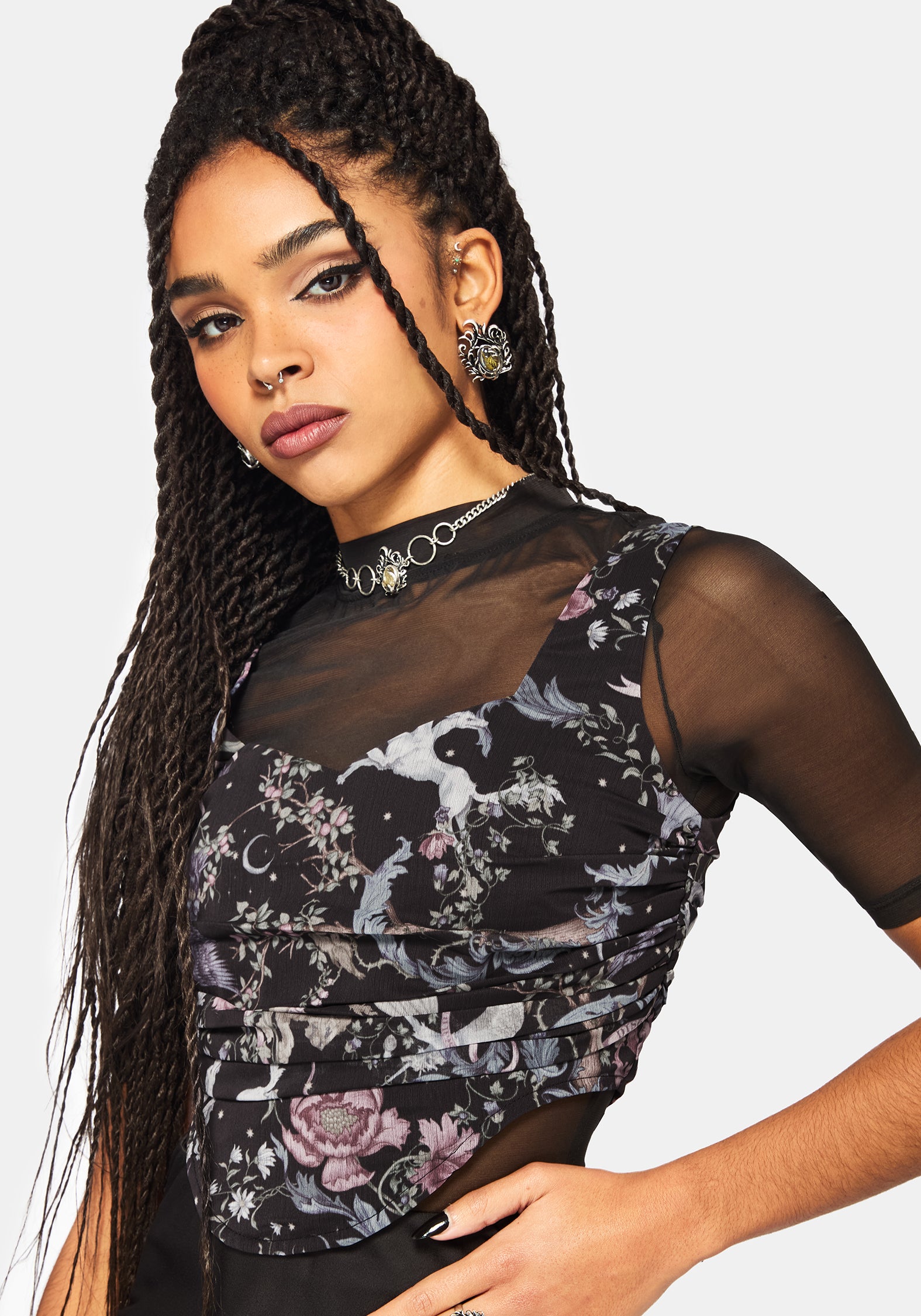 Merunicorn Enchanted Forest Print Ruched Corset Top