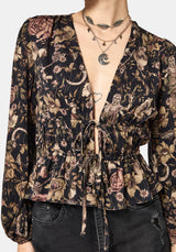 Triple Goddess Print Tie Front Blouse
