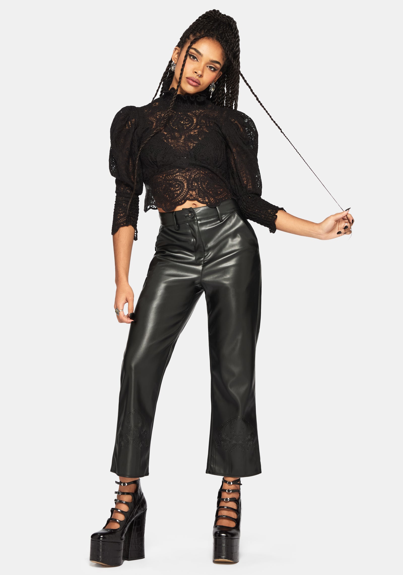 Lyra Spitze Gerafft Hoch Hals Bluse - Schwarz
