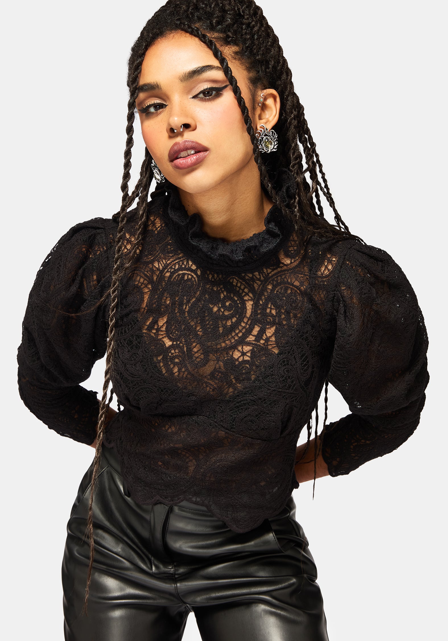 Lyra Spitze Gerafft Hoch Hals Bluse - Schwarz