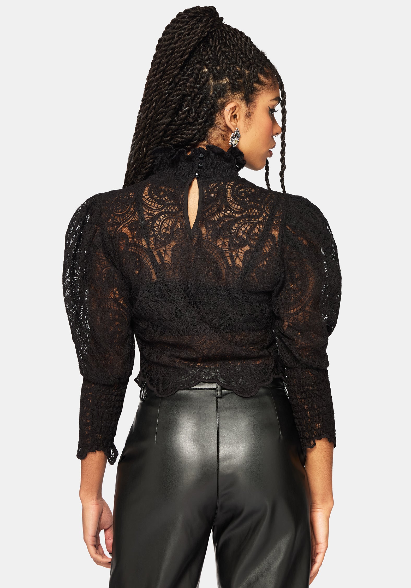 Lyra Spitze Gerafft Hoch Hals Bluse - Schwarz