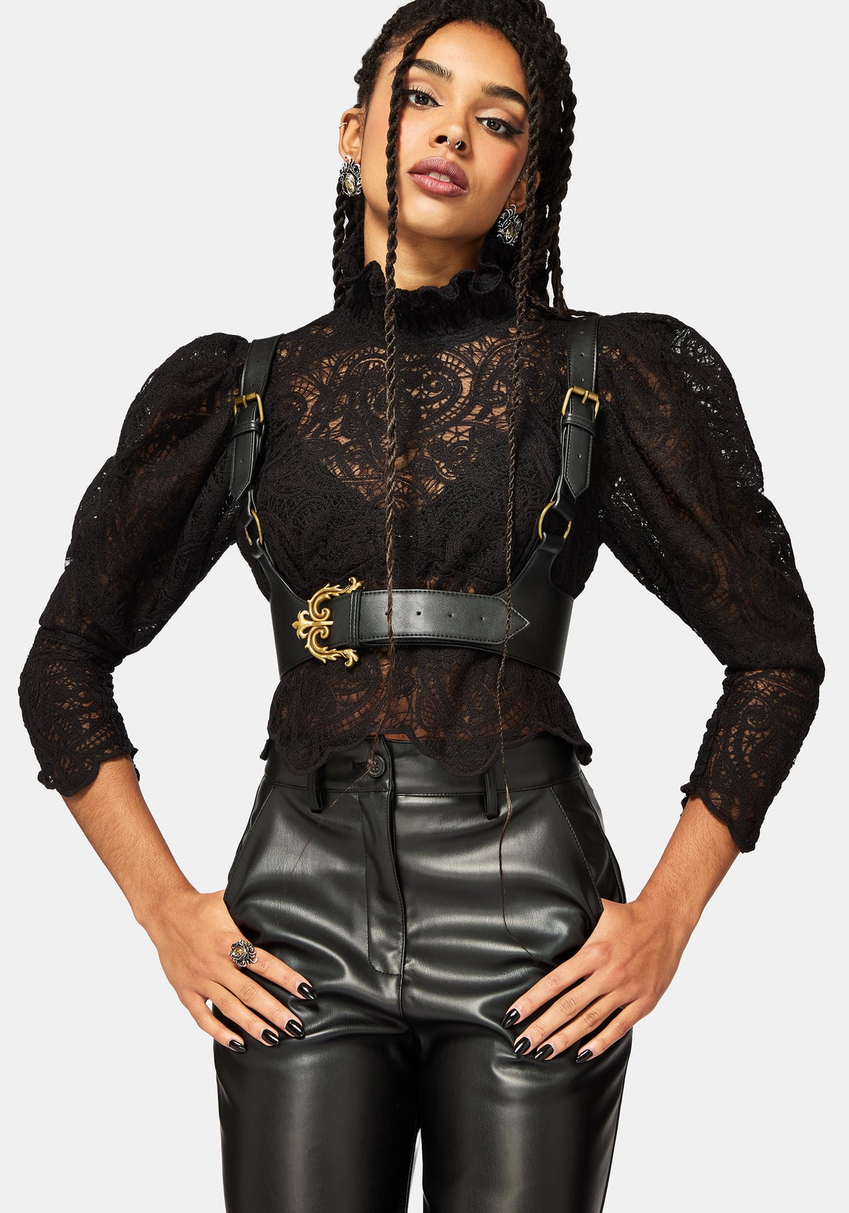 Lyra Spitze Gerafft Hoch Hals Bluse - Schwarz