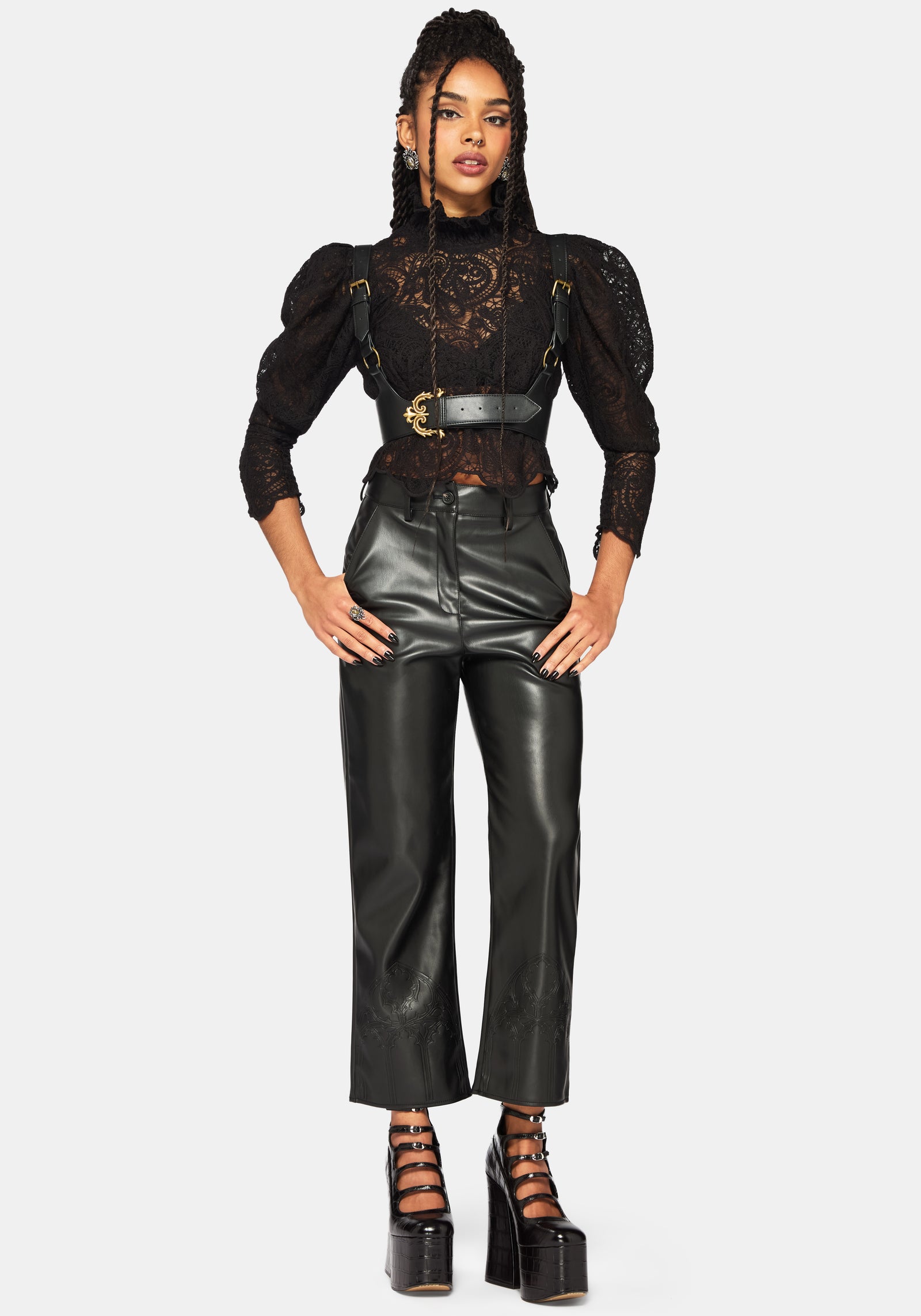 Lyra Spitze Gerafft Hoch Hals Bluse - Schwarz