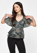 Thalassa Print Tie Back Angel Sleeve Top