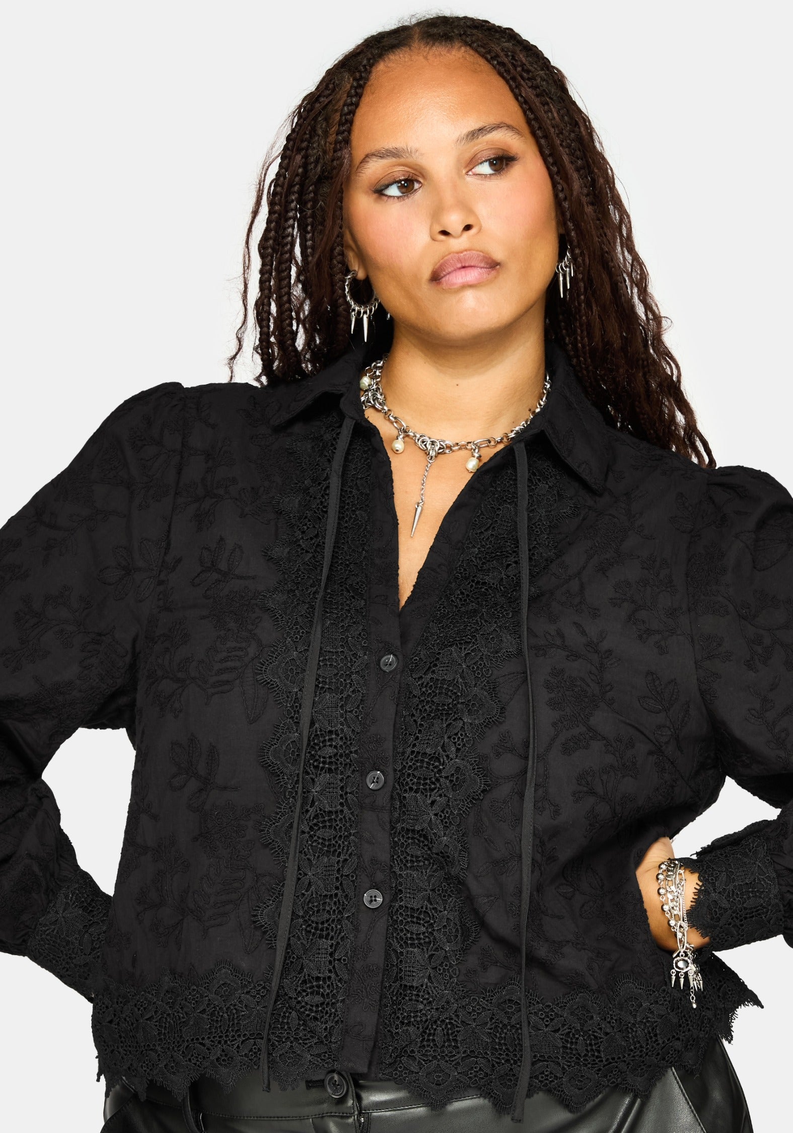 Lila Scallop Lace Open Collar Hemd