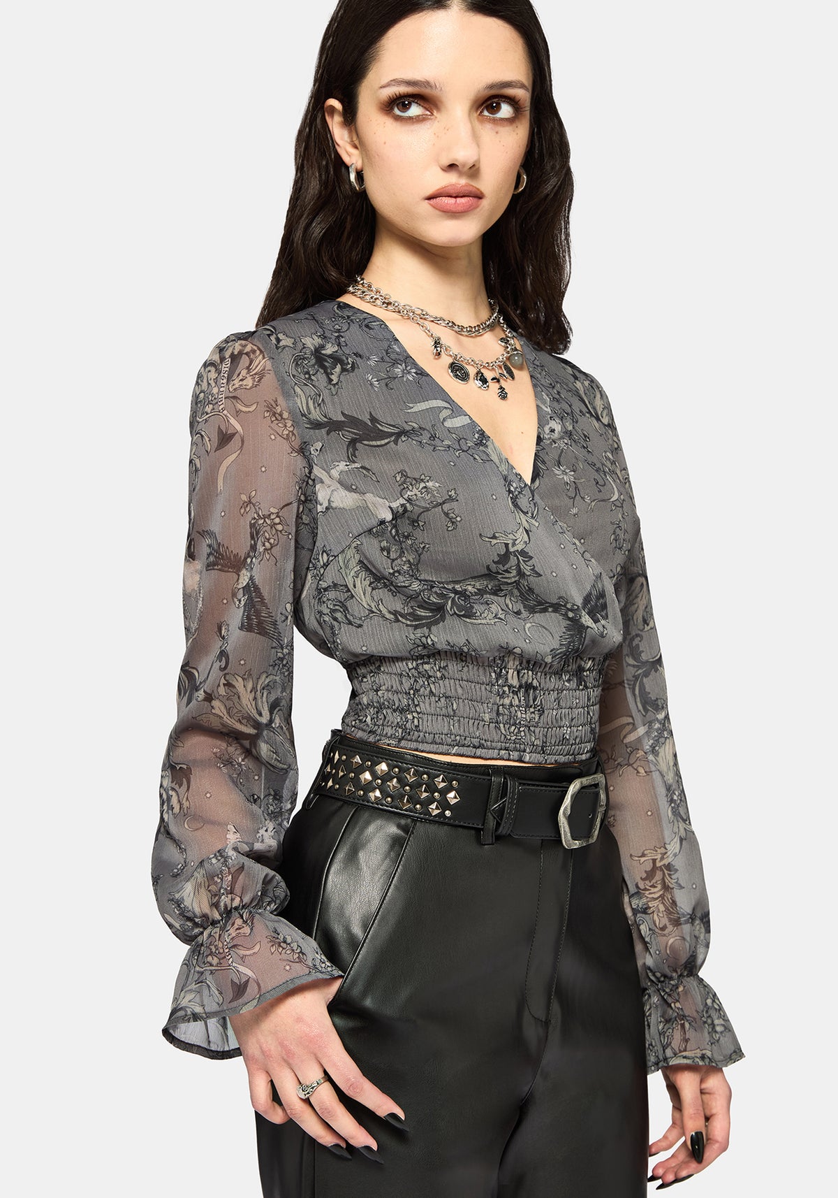 Merunicorn Enchanted Wald Grau Chiffon Wickel Top