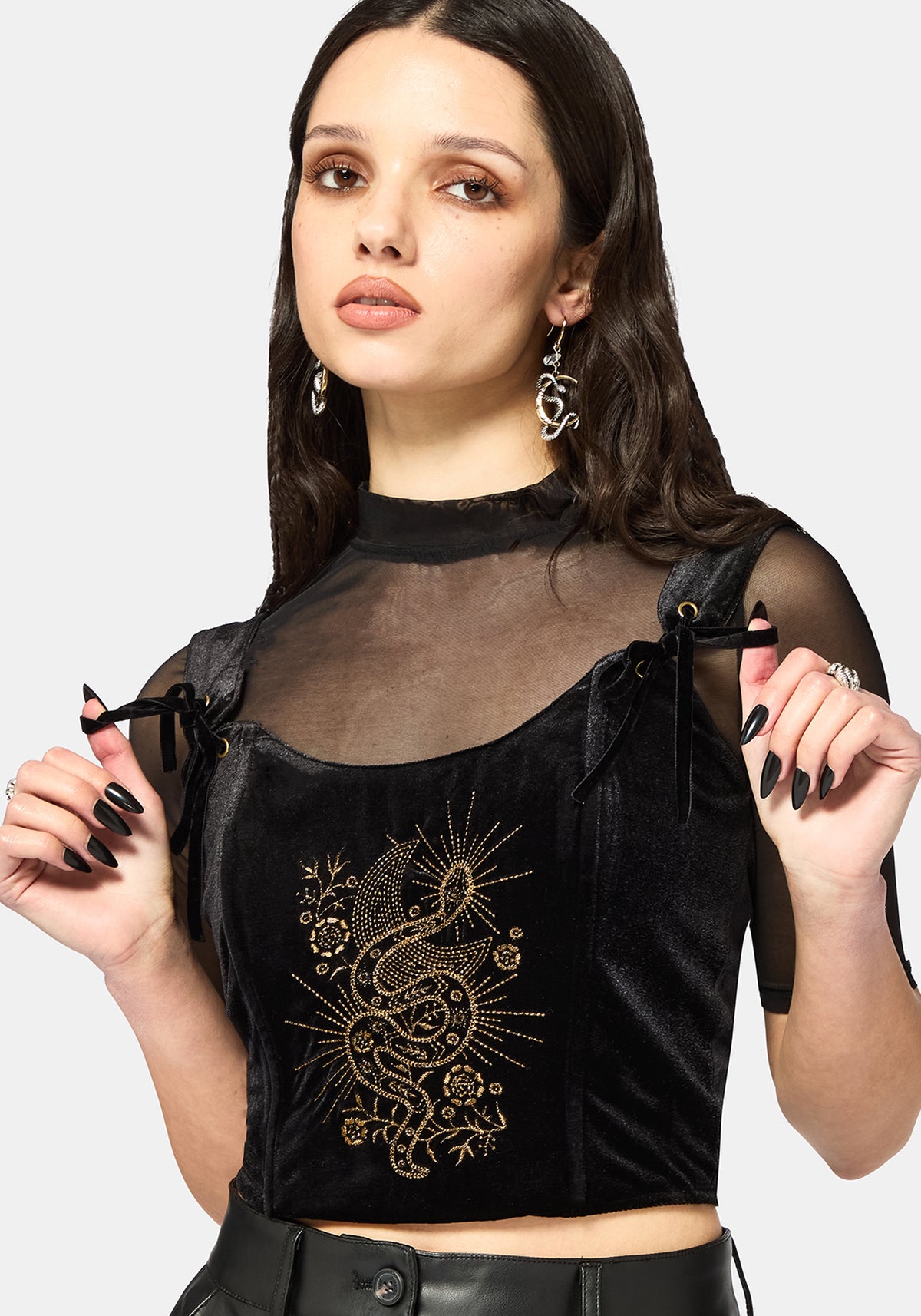 Kobra Velours Bestickt Krawatte Riemen Korsett Top
