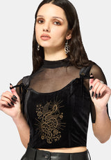 Kobra Velour Embroidered Tie Strap Corset Top
