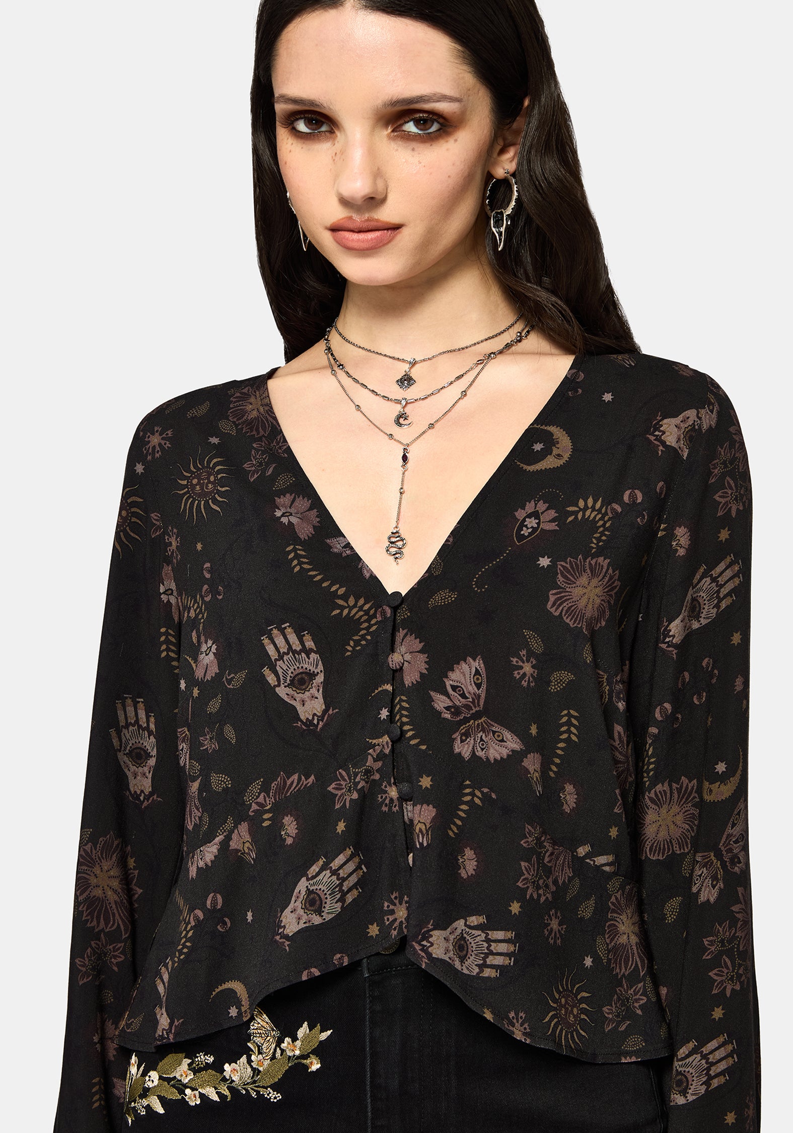 Angela Folk Print Flared Sleeve Blouse
