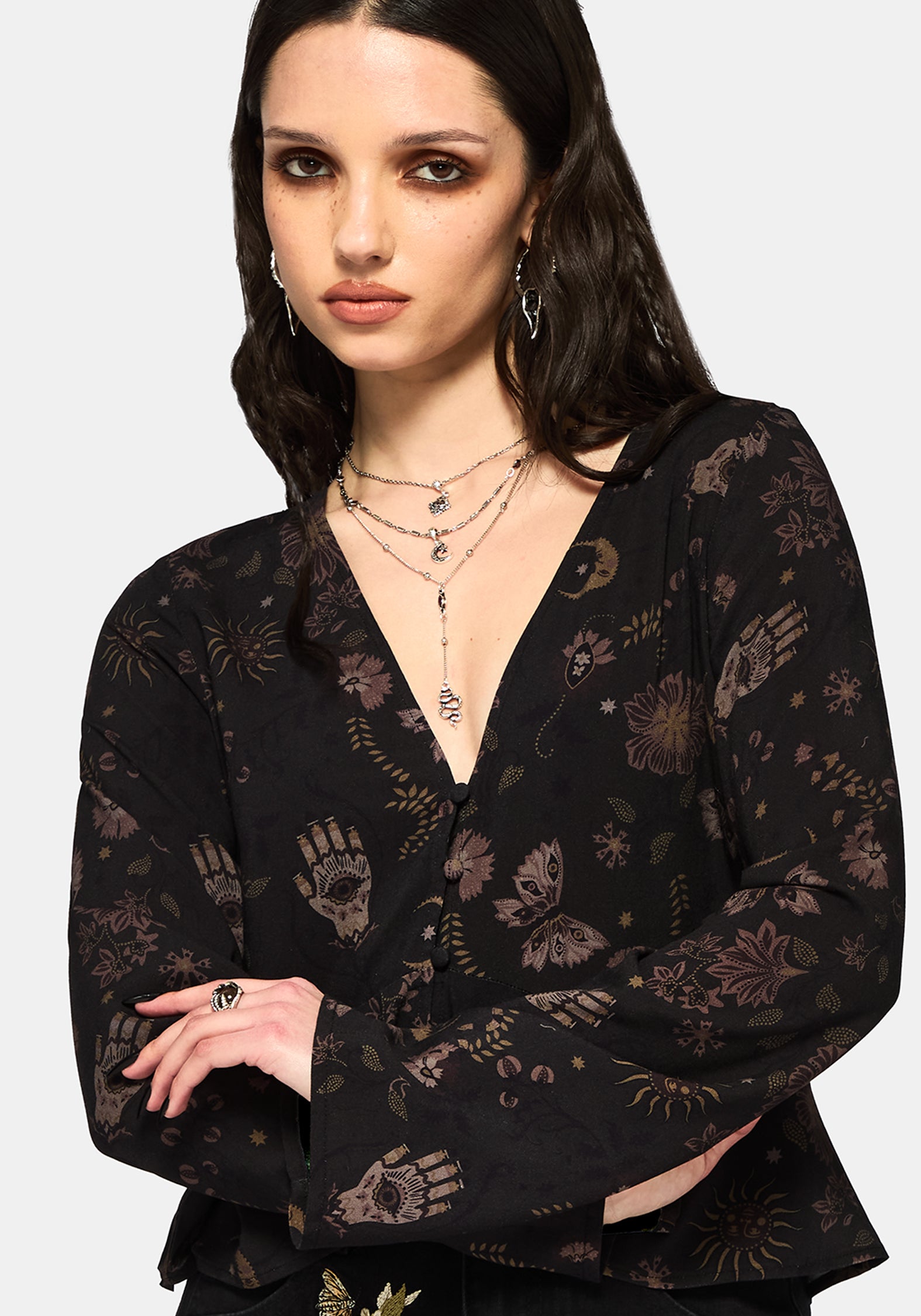Angela Folk Print Flared Sleeve Blouse