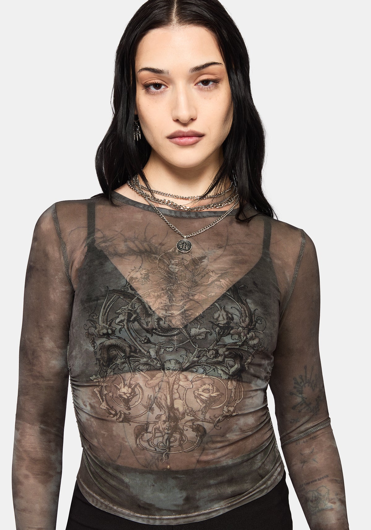 Eros Realm Mesh Lang Ärmel Ruche Top