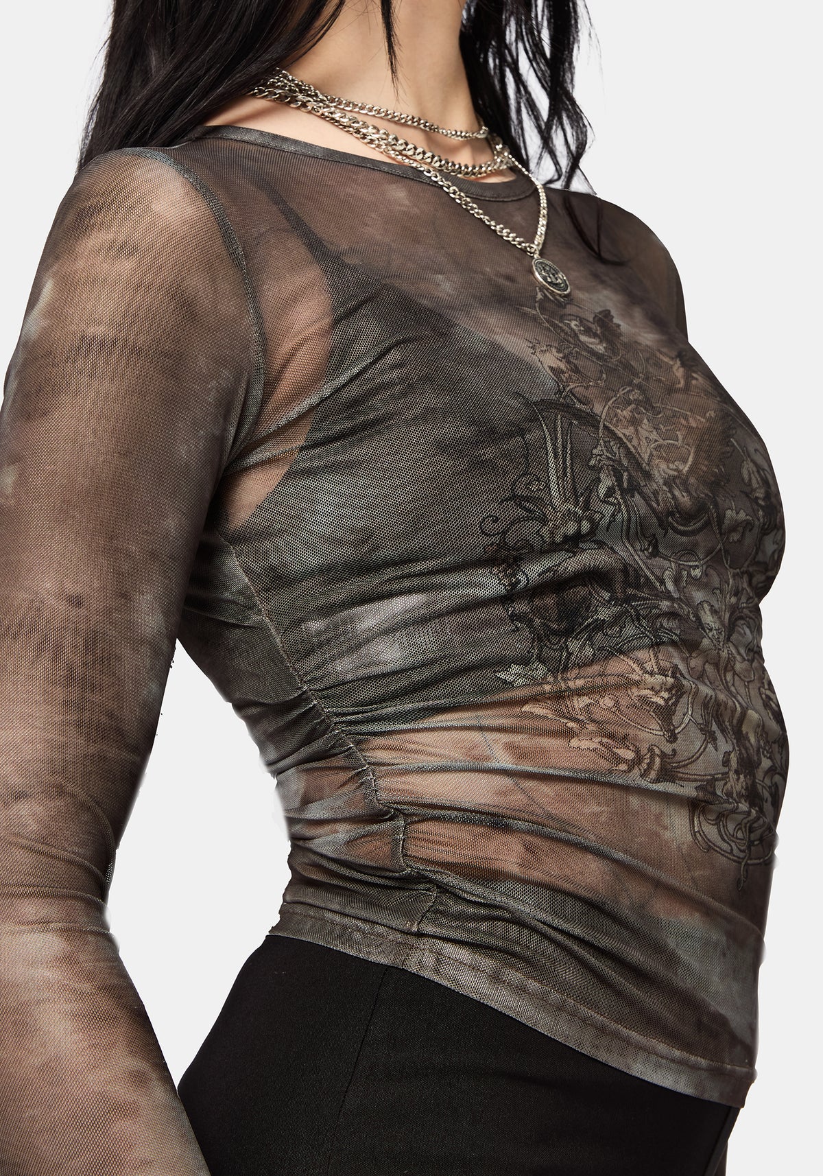 Eros Realm Mesh Lang Ärmel Ruche Top
