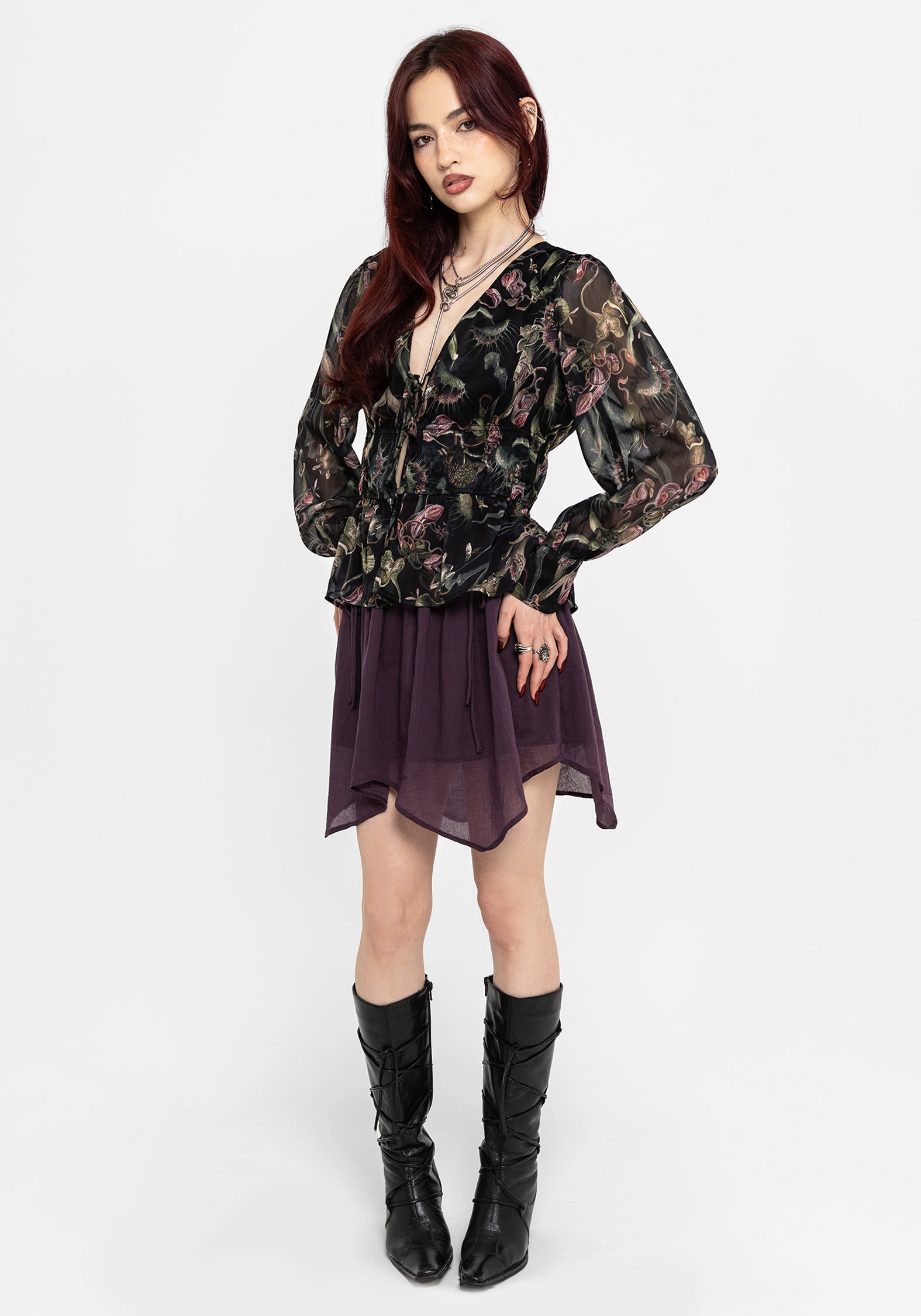 Dionaea Flytrap Print Ruched Button Down Top