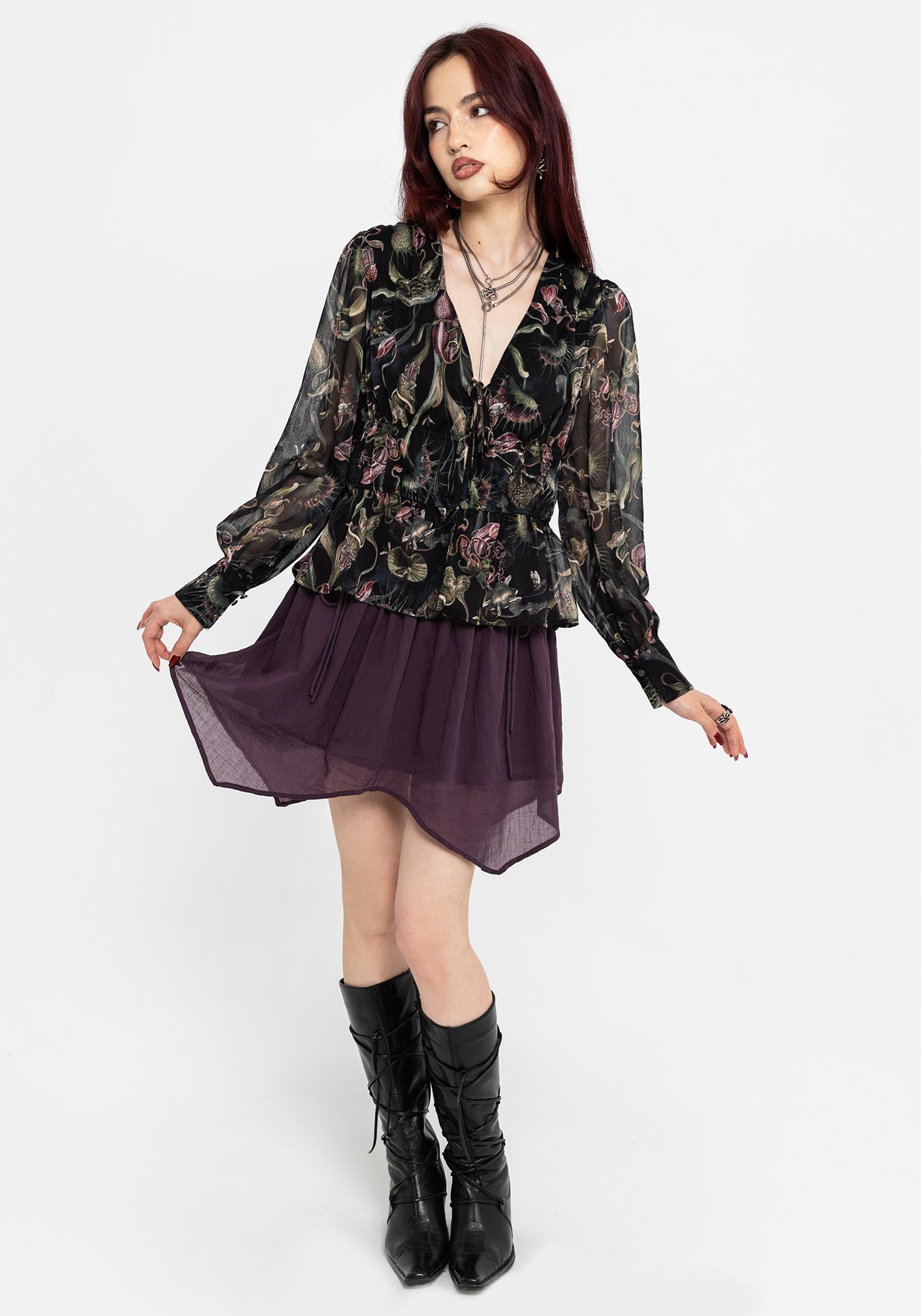 Dionaea Flytrap Print Ruched Button Down Top