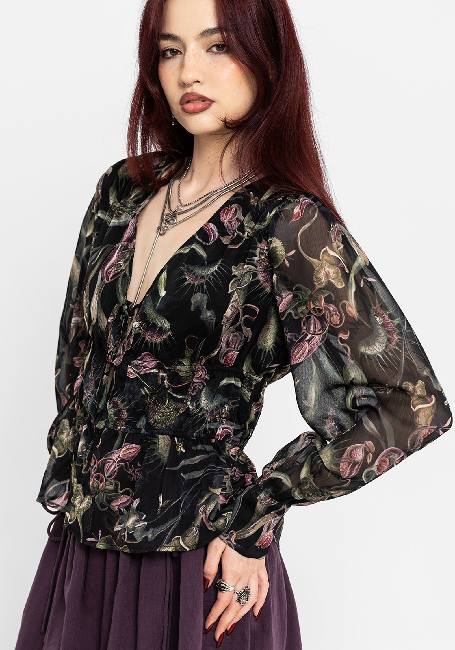 Dionaea Flytrap Print Ruched Button Down Top