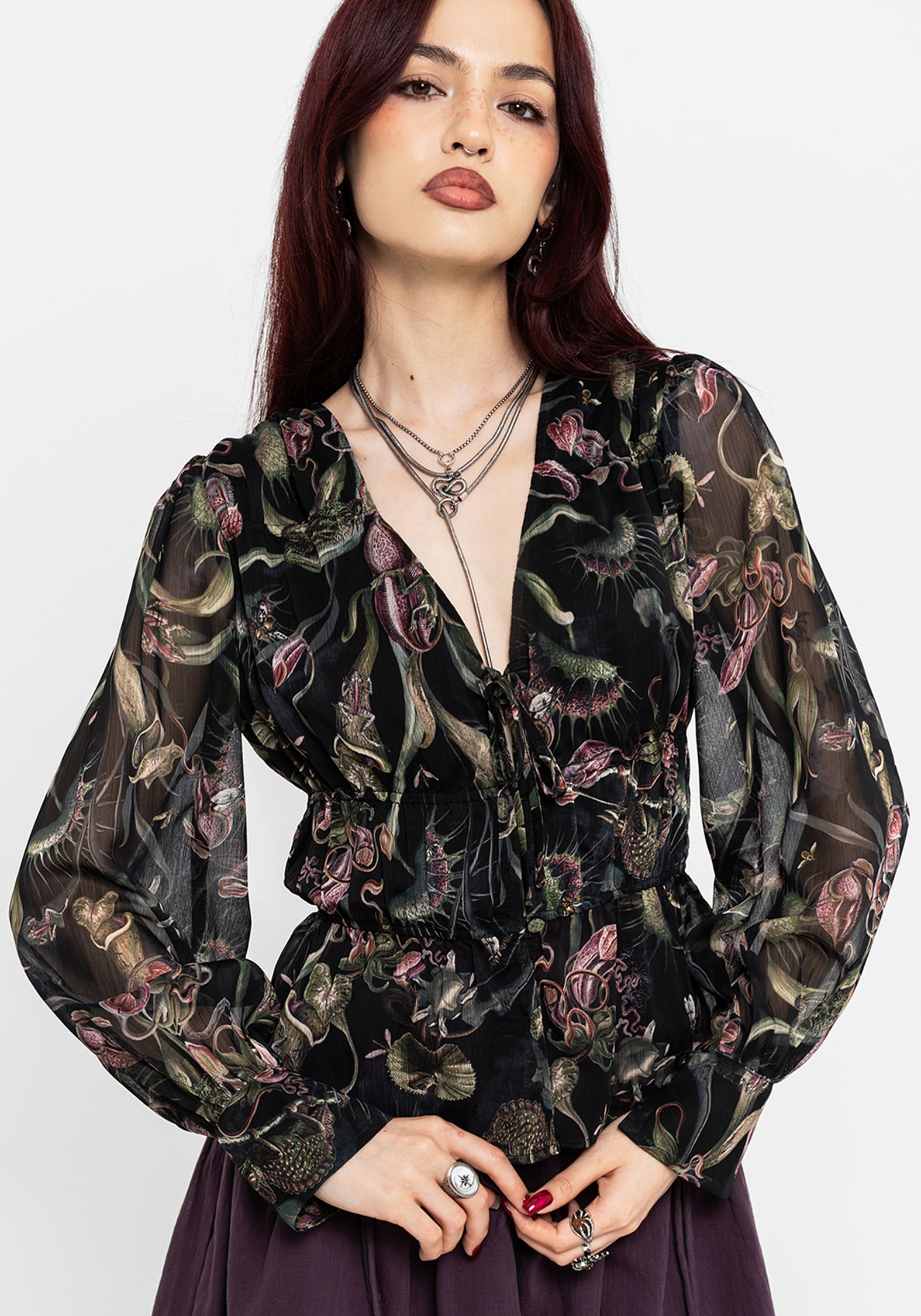 Dionaea Flytrap Print Ruched Button Down Top