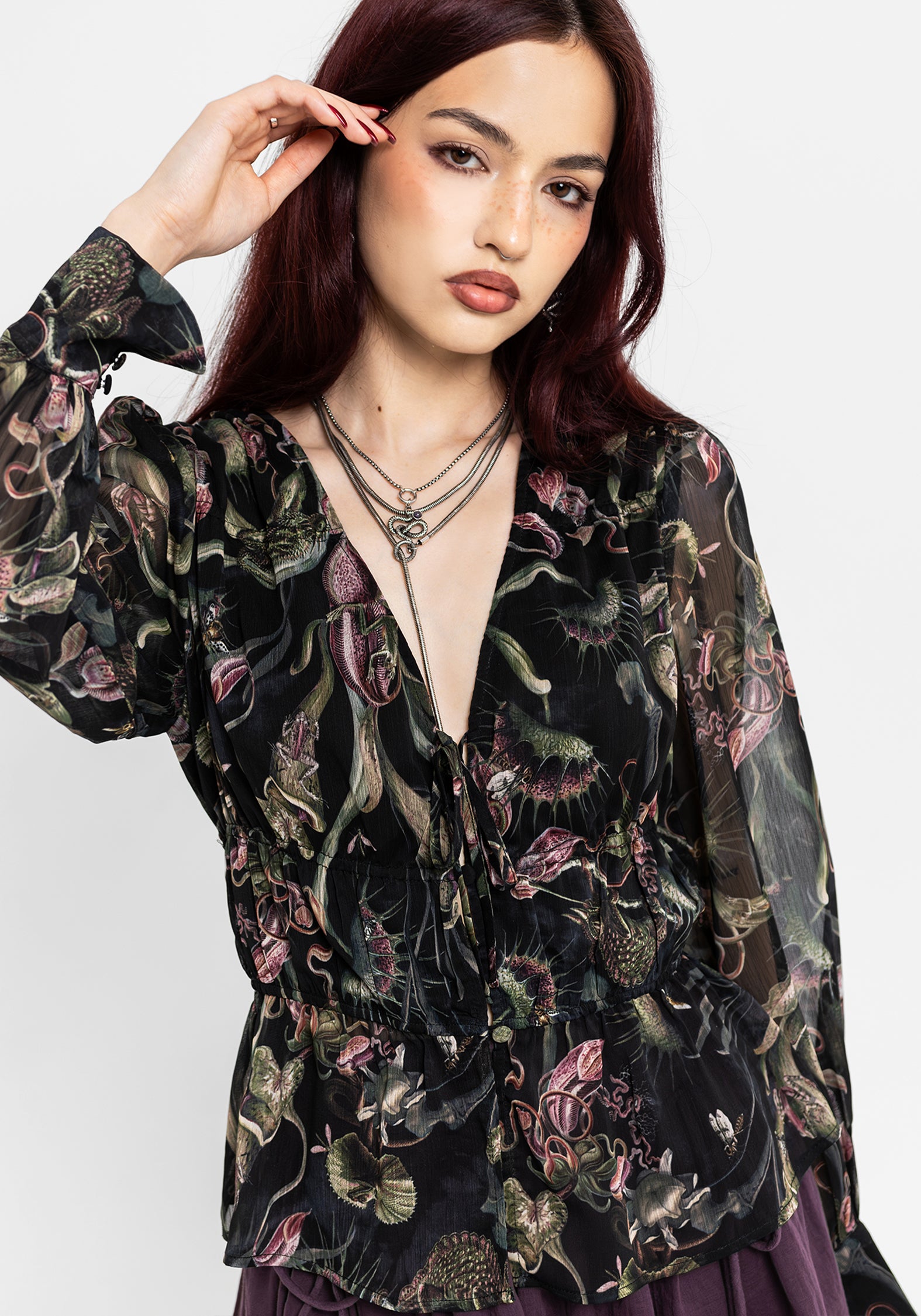 Dionaea Flytrap Print Ruched Button Down Top