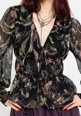 Dionaea Flytrap Print Ruched Button Down Top