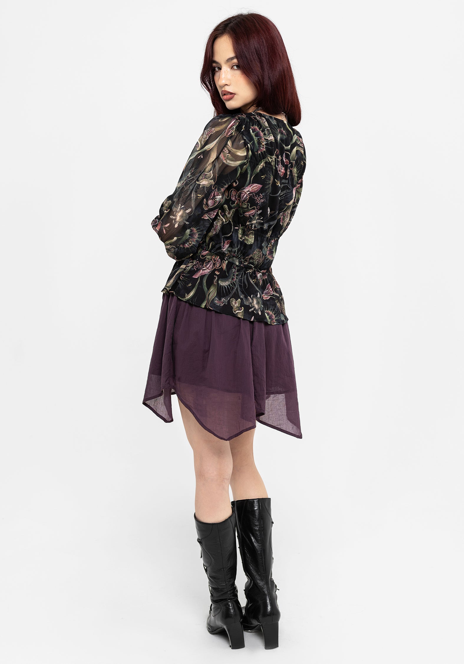Dionaea Flytrap Print Ruched Button Down Top