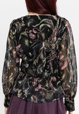Dionaea Flytrap Print Ruched Button Down Top