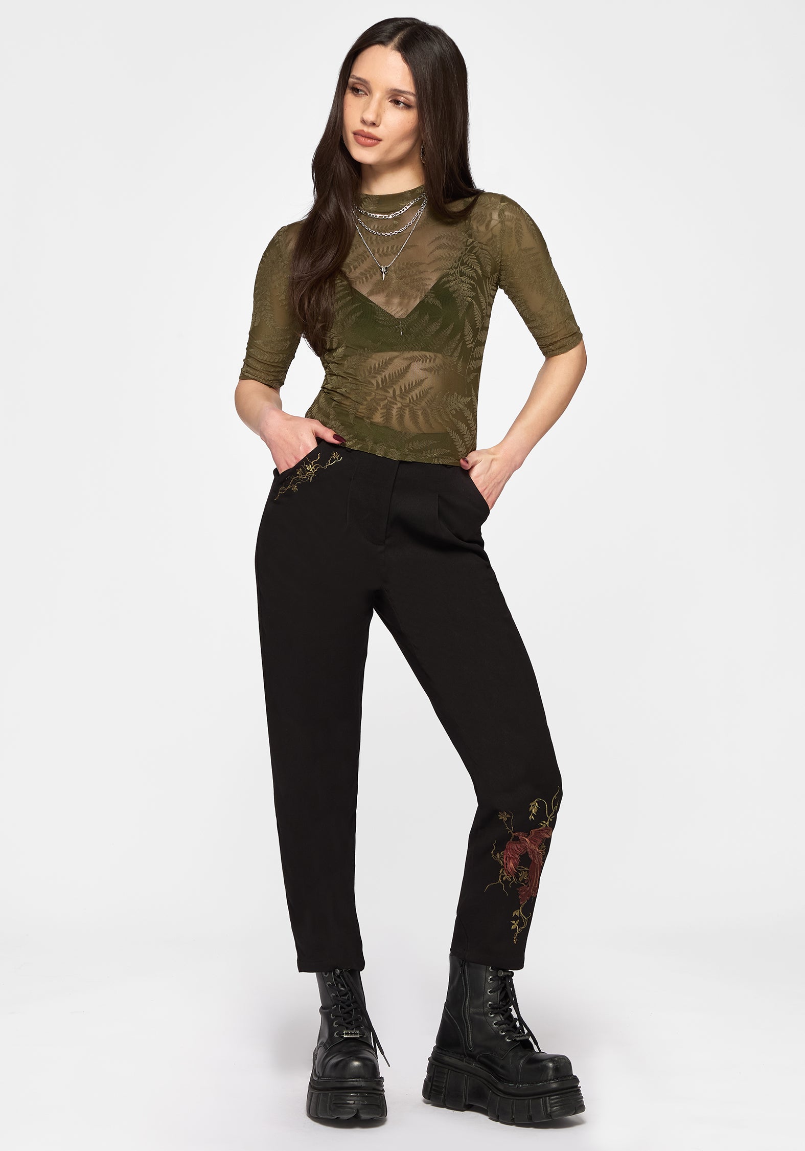 Lunafern Flocked Fern Short Sleeve Mesh Top - Green