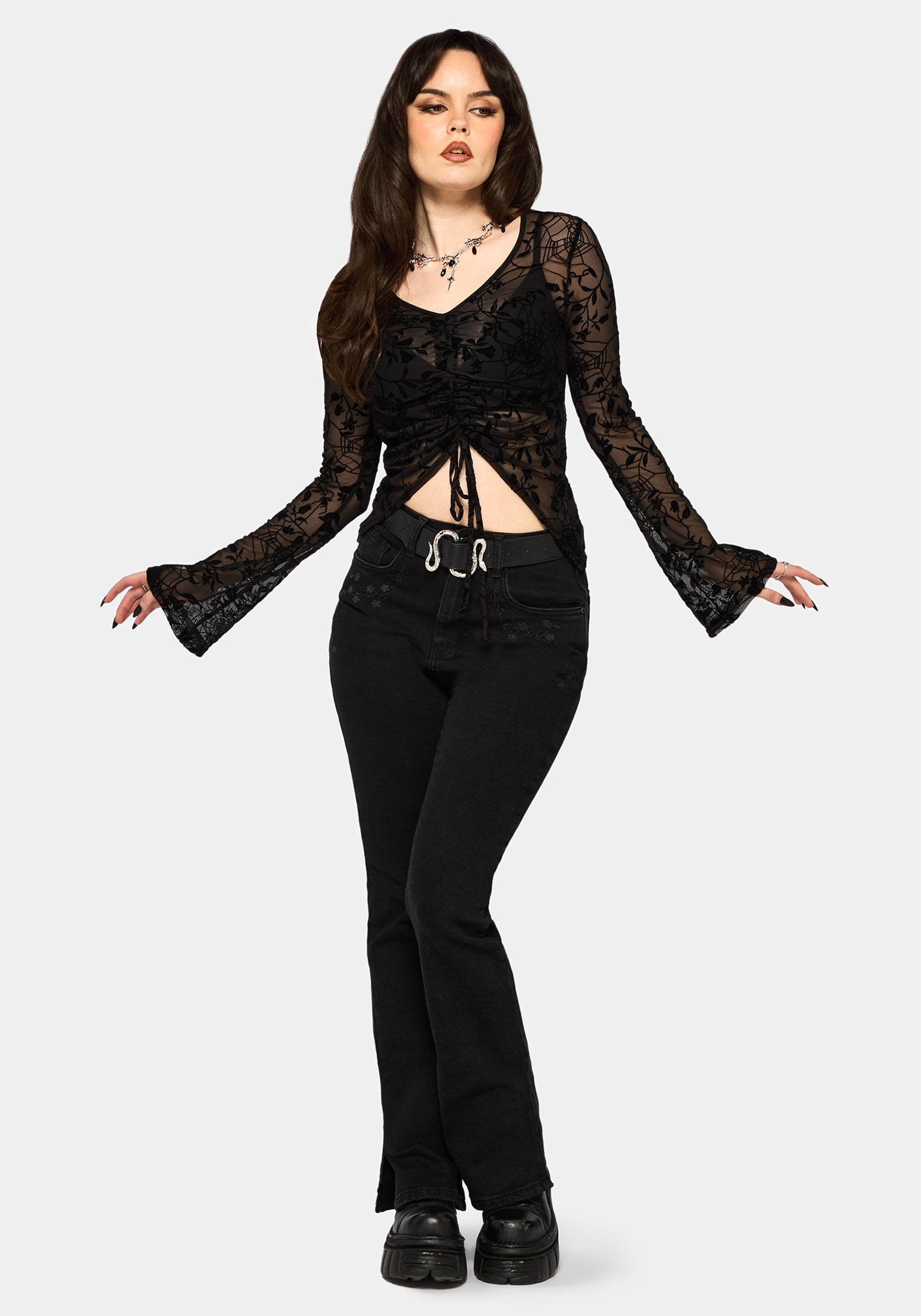 Deadly Nightshade Beflockt Mesh Gerafft Top