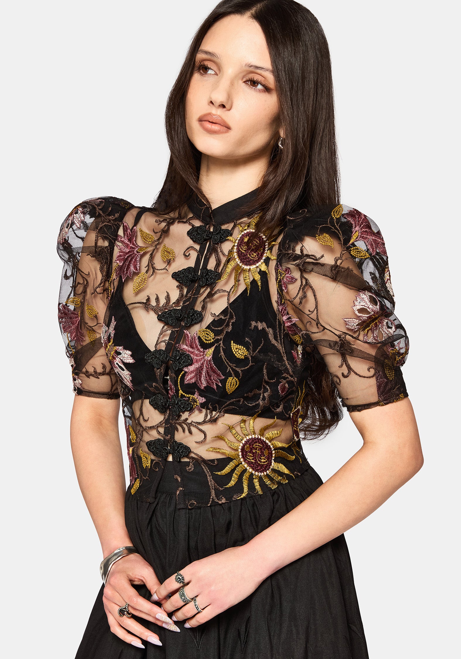 Angela Folk Embroidered Black Blouse