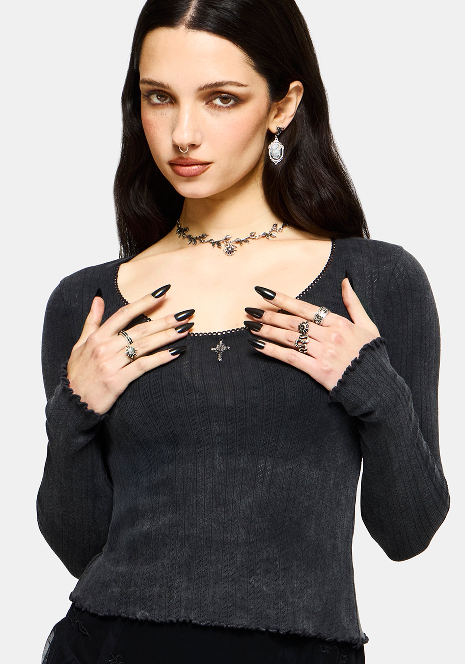 Lucera Lang Ärmel Pointelle Scoop Hals Top