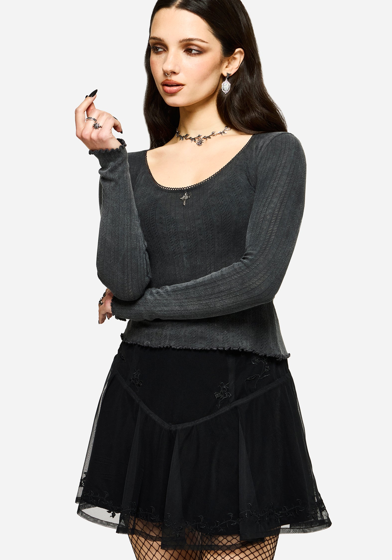 Lucera Lang Ärmel Pointelle Scoop Hals Top