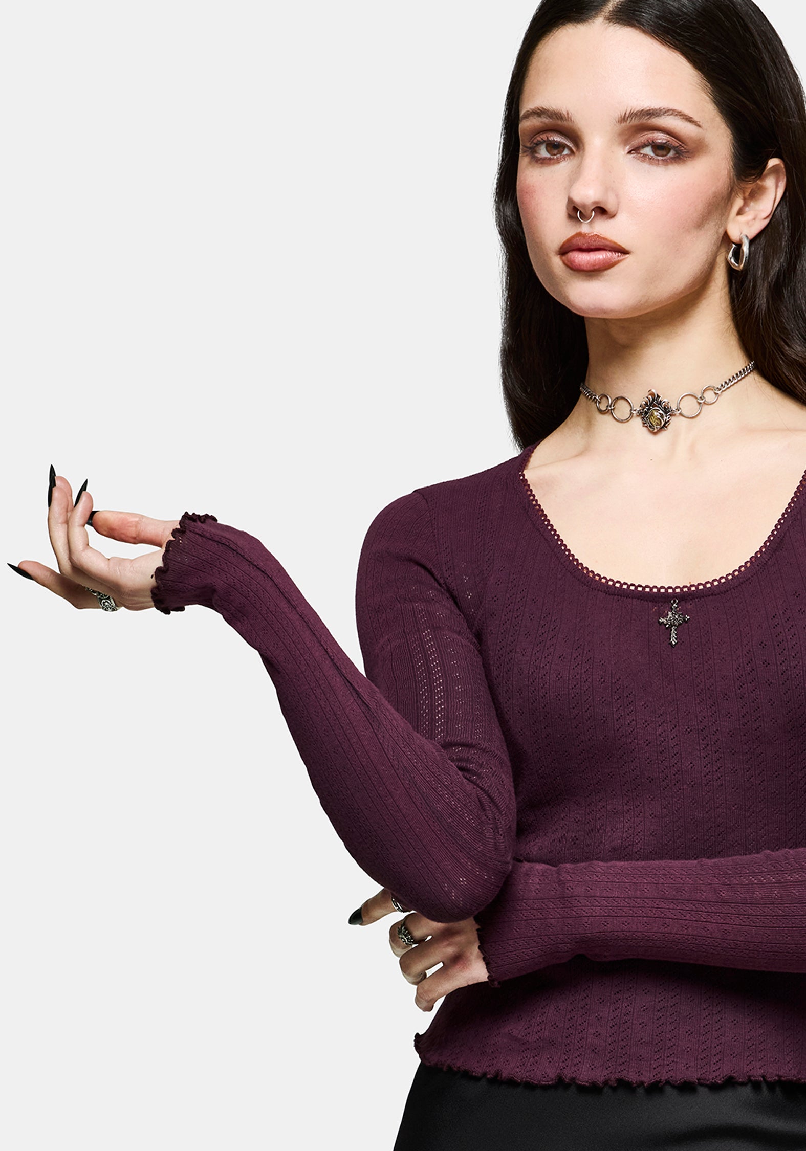 Lucera Lang Ärmel Pointelle Scoop Hals Top - Burgunderrot
