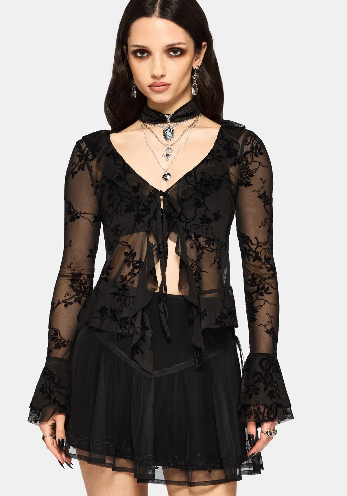 Saski Dorn Flockdruck Mesh Krawatte Vorderseite Top